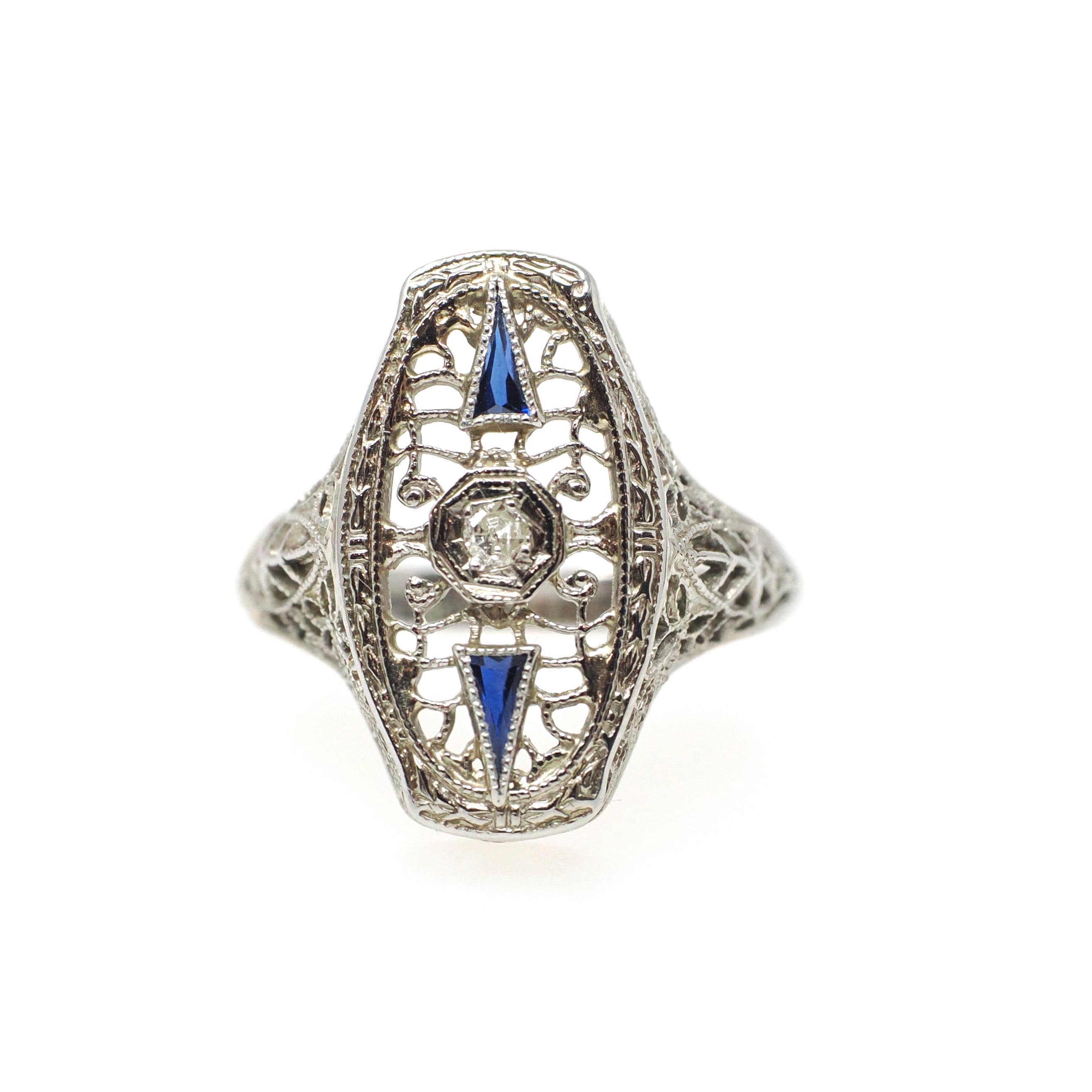 Art Deco Shield Ring - Antique 18k White Gold Filigree Diamond Created Sapphire Statement - Circa 1920s Era Size 6 Fine Statement Jewelry