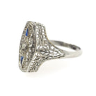 Art Deco Shield Ring - Antique 18k White Gold Filigree Diamond Created Sapphire Statement - Circa 1920s Era Size 6 Fine Statement Jewelry