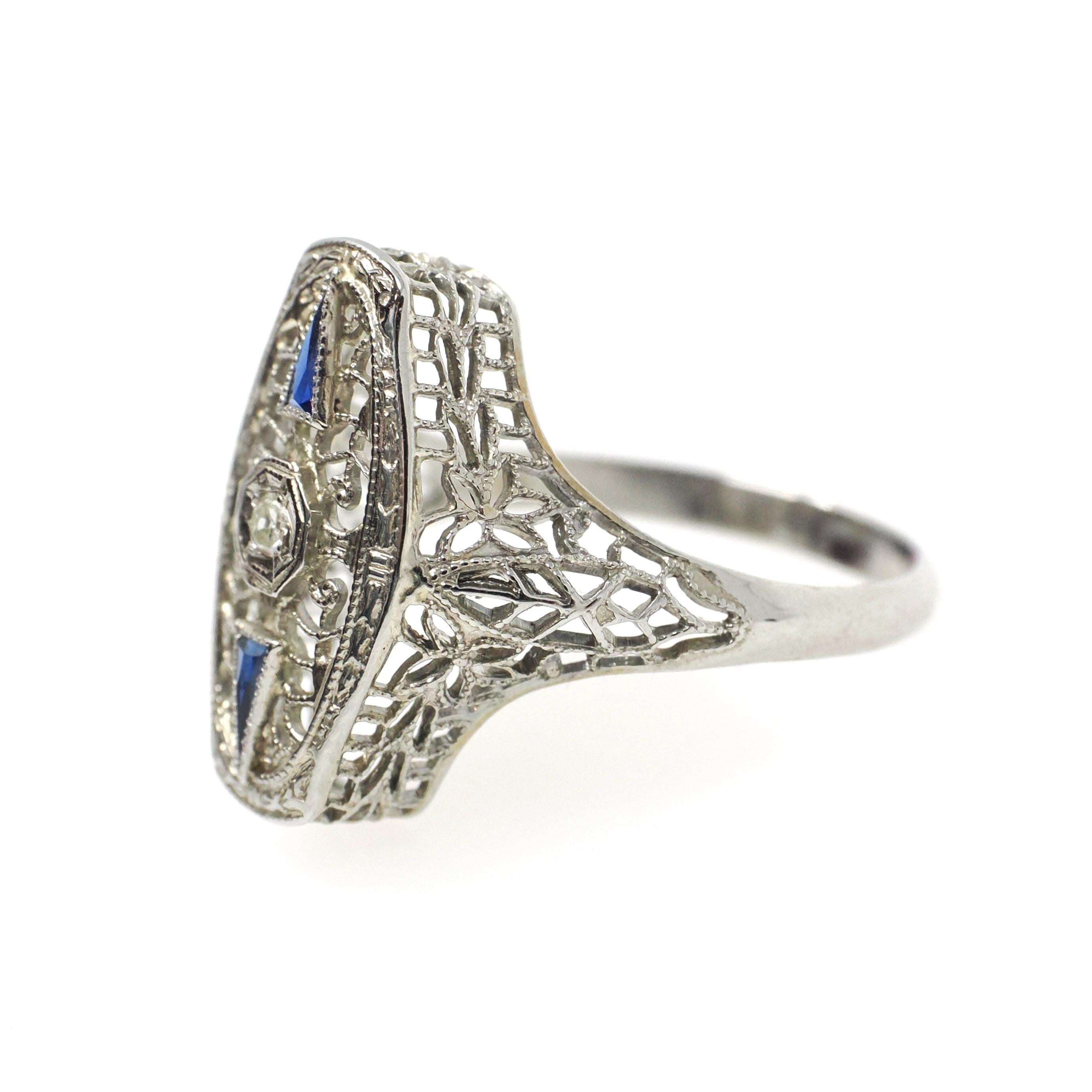 Art Deco Shield Ring - Antique 18k White Gold Filigree Diamond Created Sapphire Statement - Circa 1920s Era Size 6 Fine Statement Jewelry
