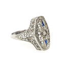 Art Deco Shield Ring - Antique 18k White Gold Filigree Diamond Created Sapphire Statement - Circa 1920s Era Size 6 Fine Statement Jewelry