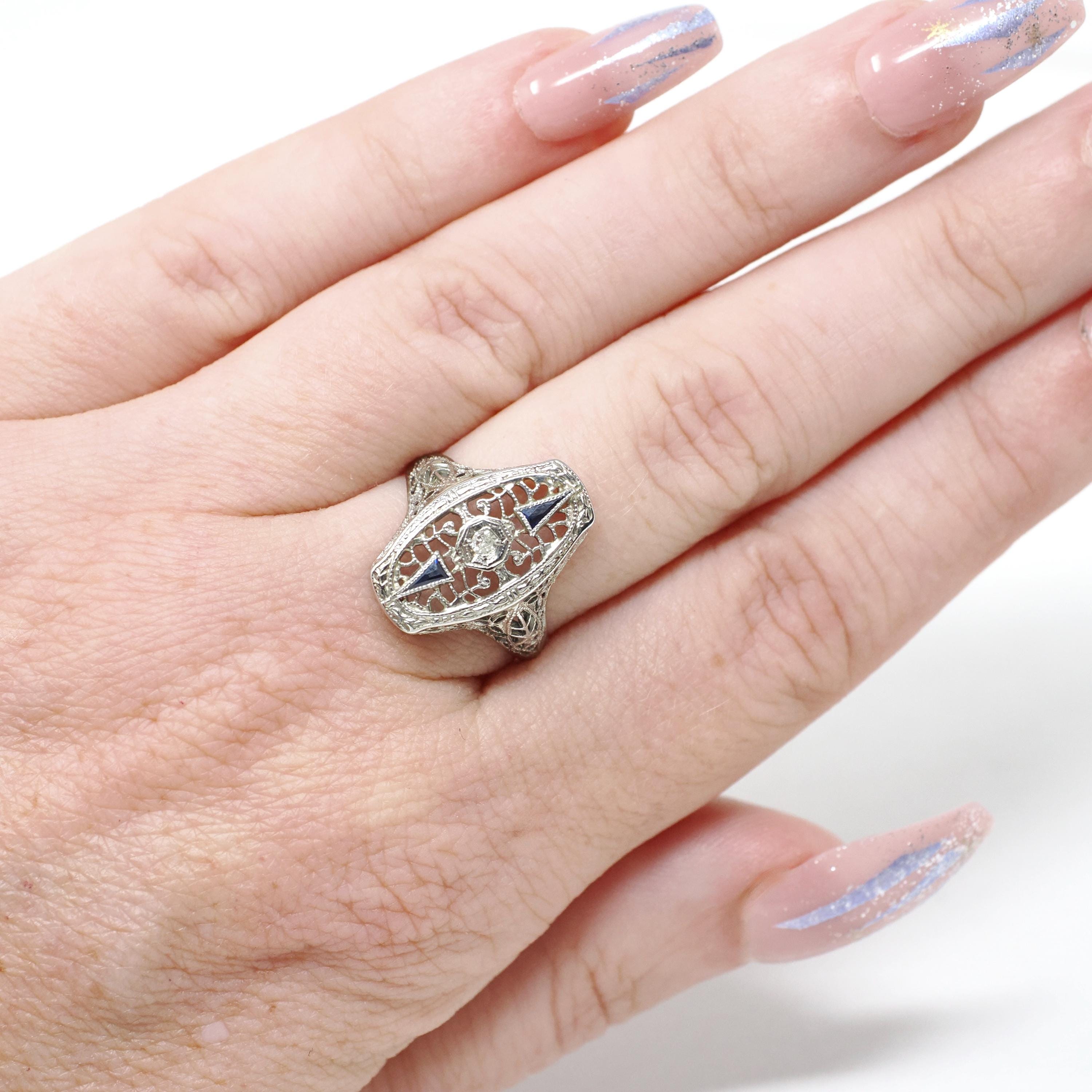 Art Deco Shield Ring - Antique 18k White Gold Filigree Diamond Created Sapphire Statement - Circa 1920s Era Size 6 Fine Statement Jewelry