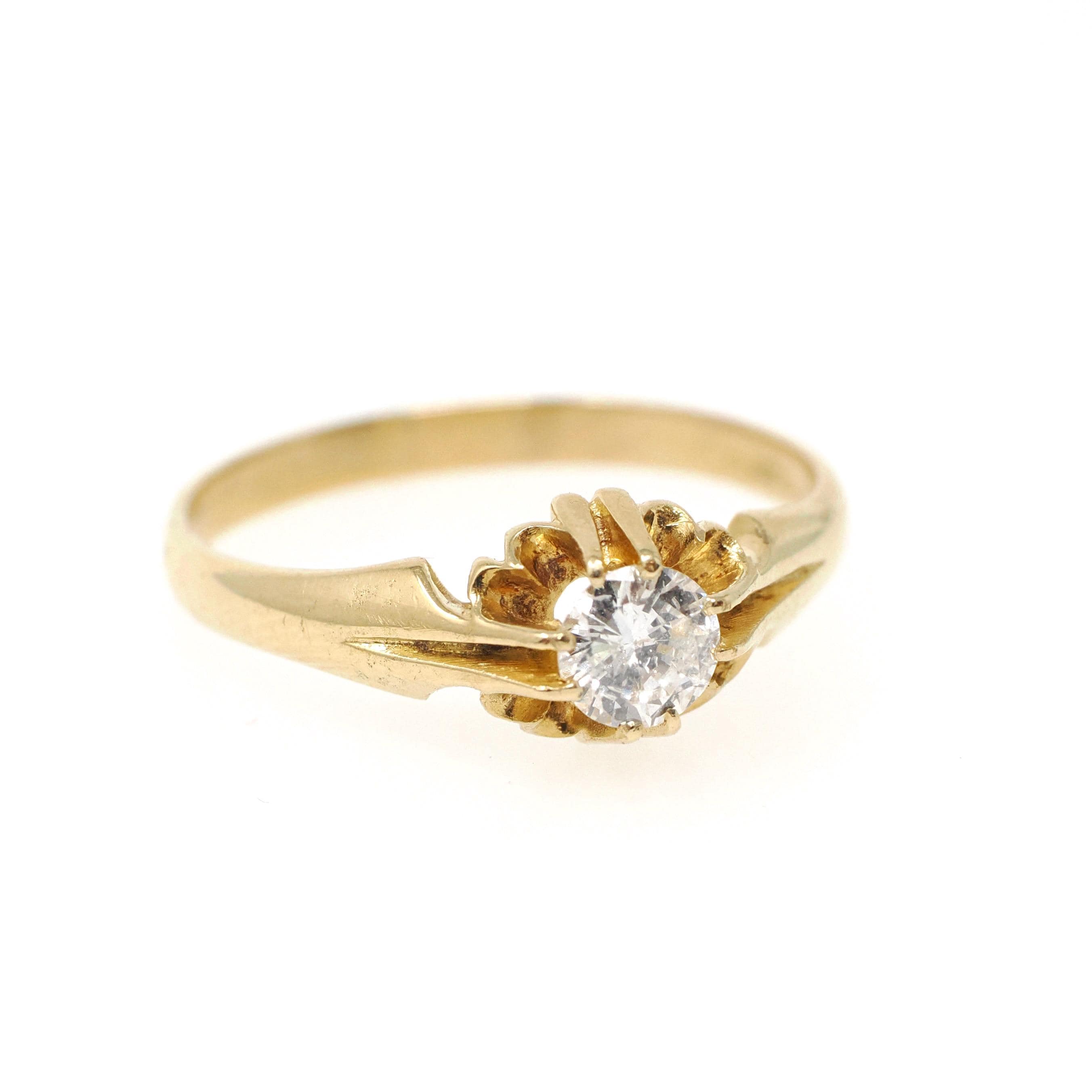 Estate Diamond Ring - 18k Yellow Gold .51 CT Natural Round Brilliant Cut Belcher- Hallmarked 1982 Size 10 Bold Gold Fine Unisex Jewelry