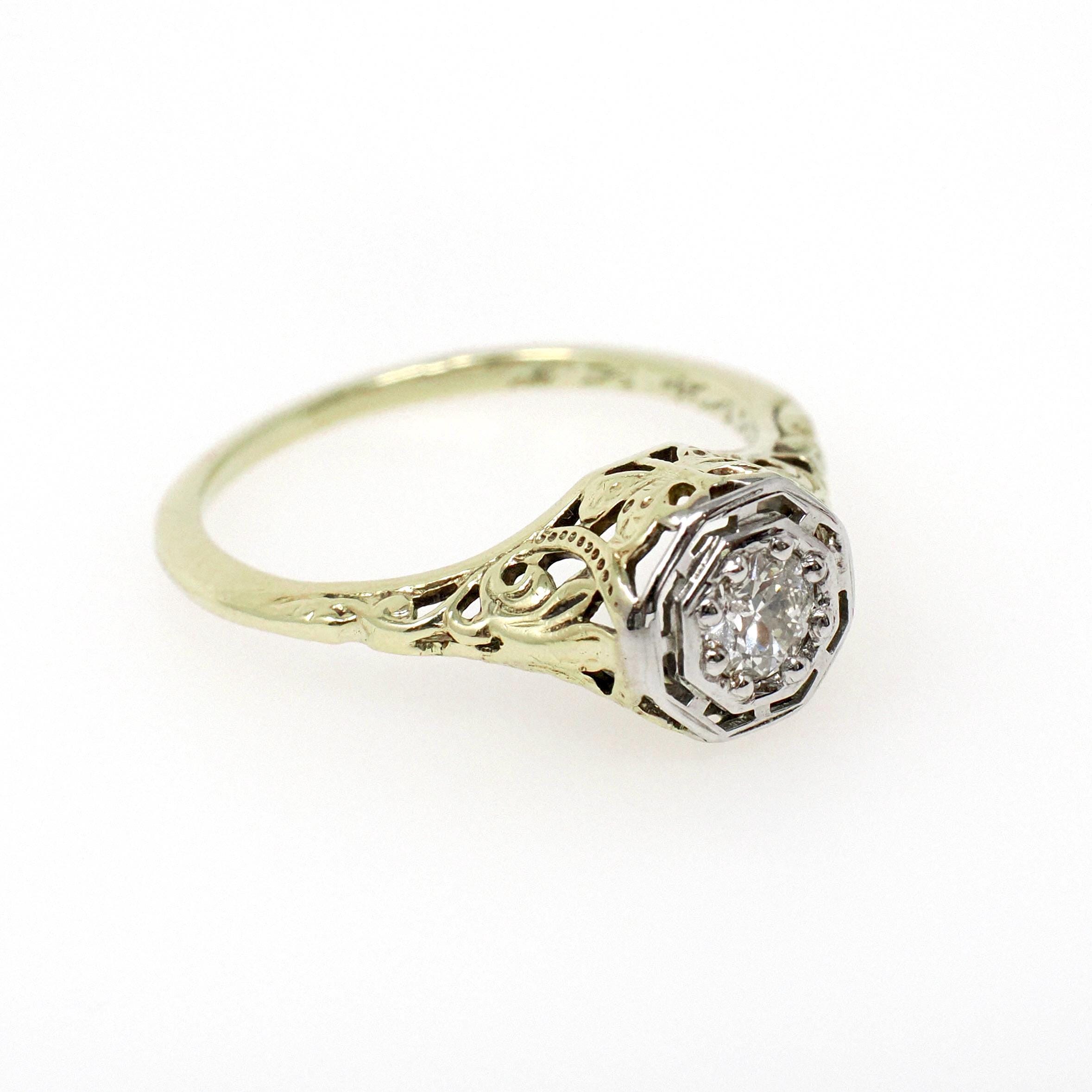 Art Deco Engagement Ring - Vintage 14k White & Yellow Gold Rare Butterfly Filigree 0.12 CT Diamond - Circa 1930s Era Size 5 3/4 Fine Jewelry