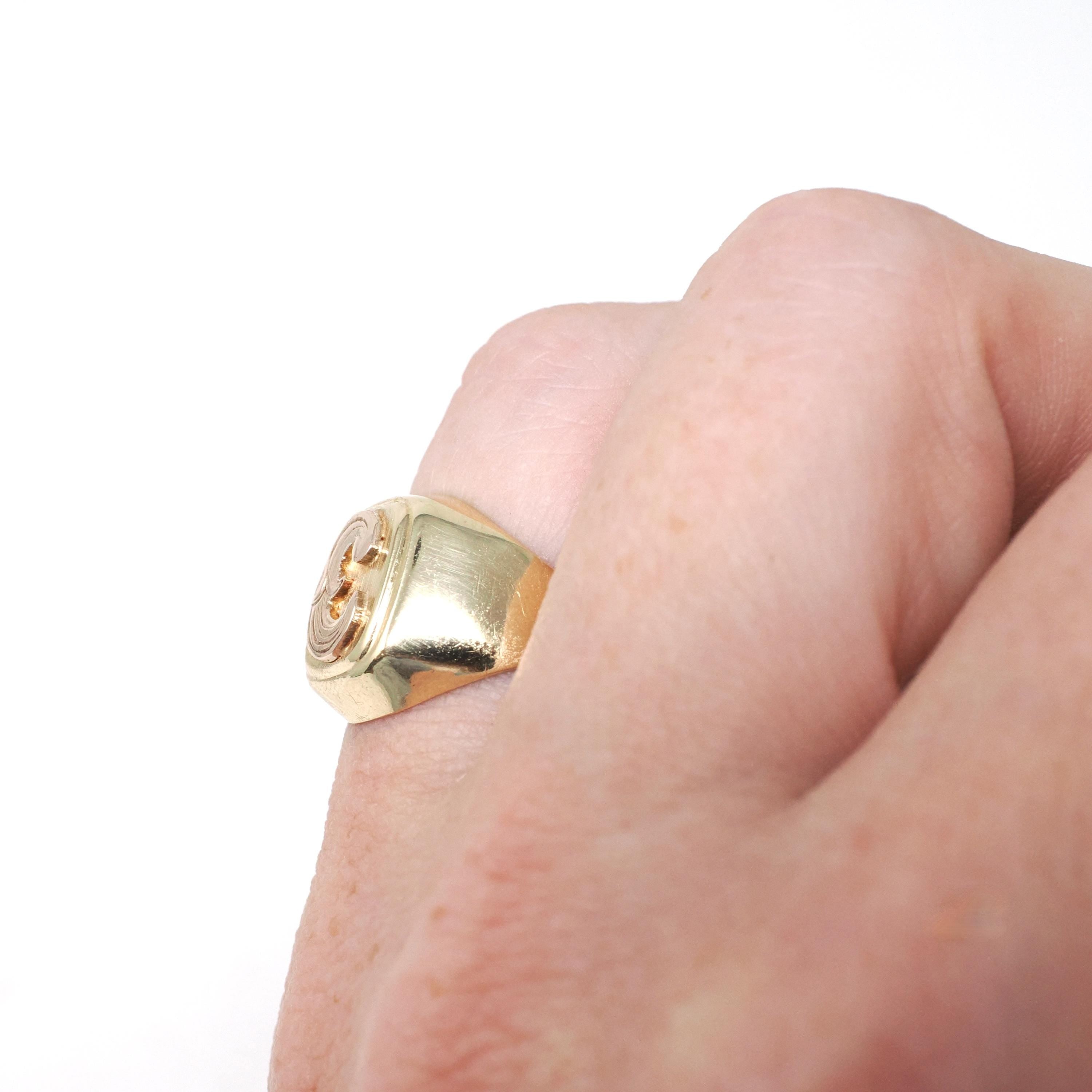 Letter "C" Ring - Estate 14k Yellow Gold Initial Initial Monogram Signet - Contemporary Circa 1990s Era Size 4 1/2 Fine Statement Jewelry