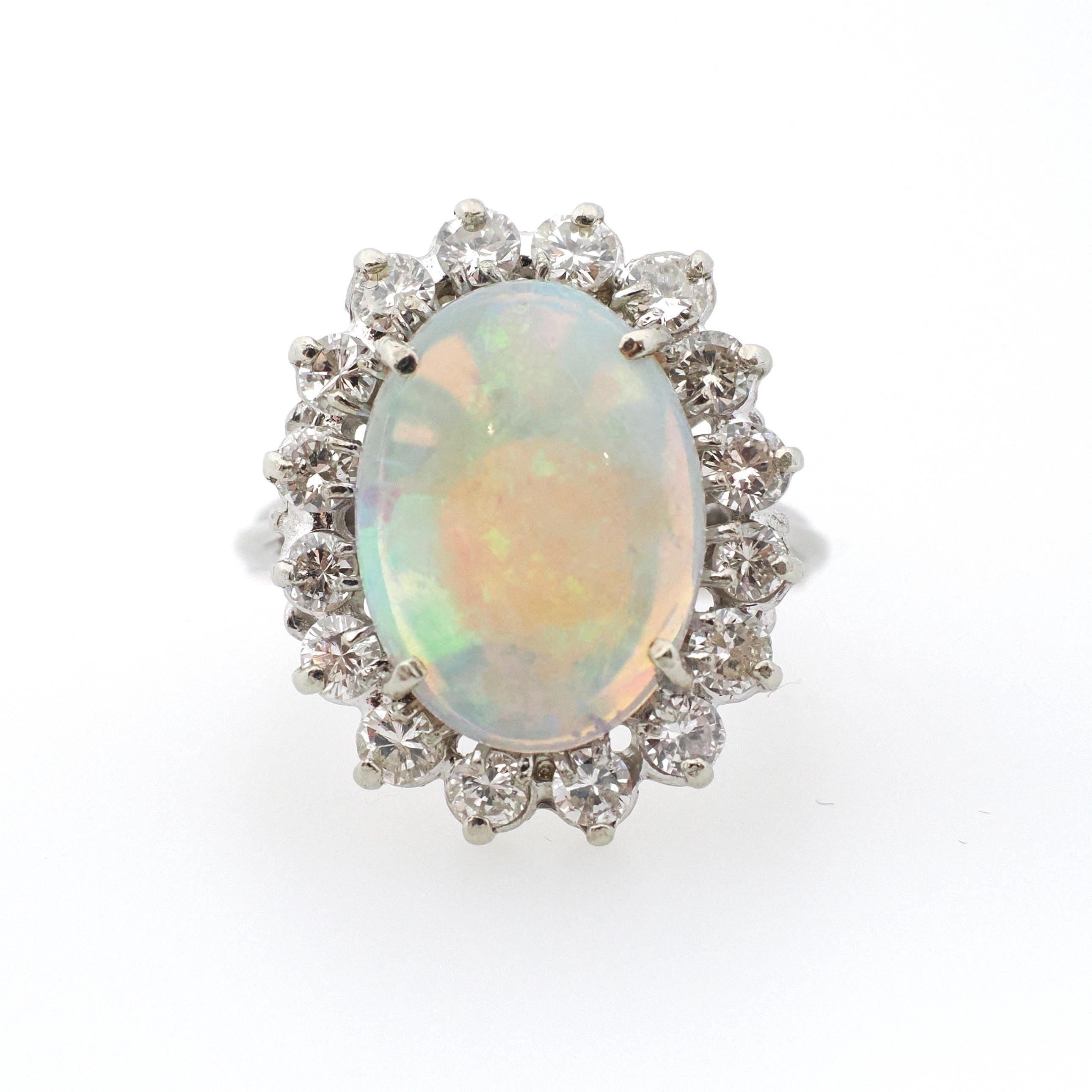 Opal & Diamond Halo Ring - Modern 14k White Gold Oval Natural Gem .88 CTW - Estate Circa 1980s Era Size 4 1/2 Cluster Fine Statement Jewelry