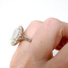 Opal & Diamond Halo Ring - Modern 14k White Gold Oval Natural Gem .88 CTW - Estate Circa 1980s Era Size 4 1/2 Cluster Fine Statement Jewelry
