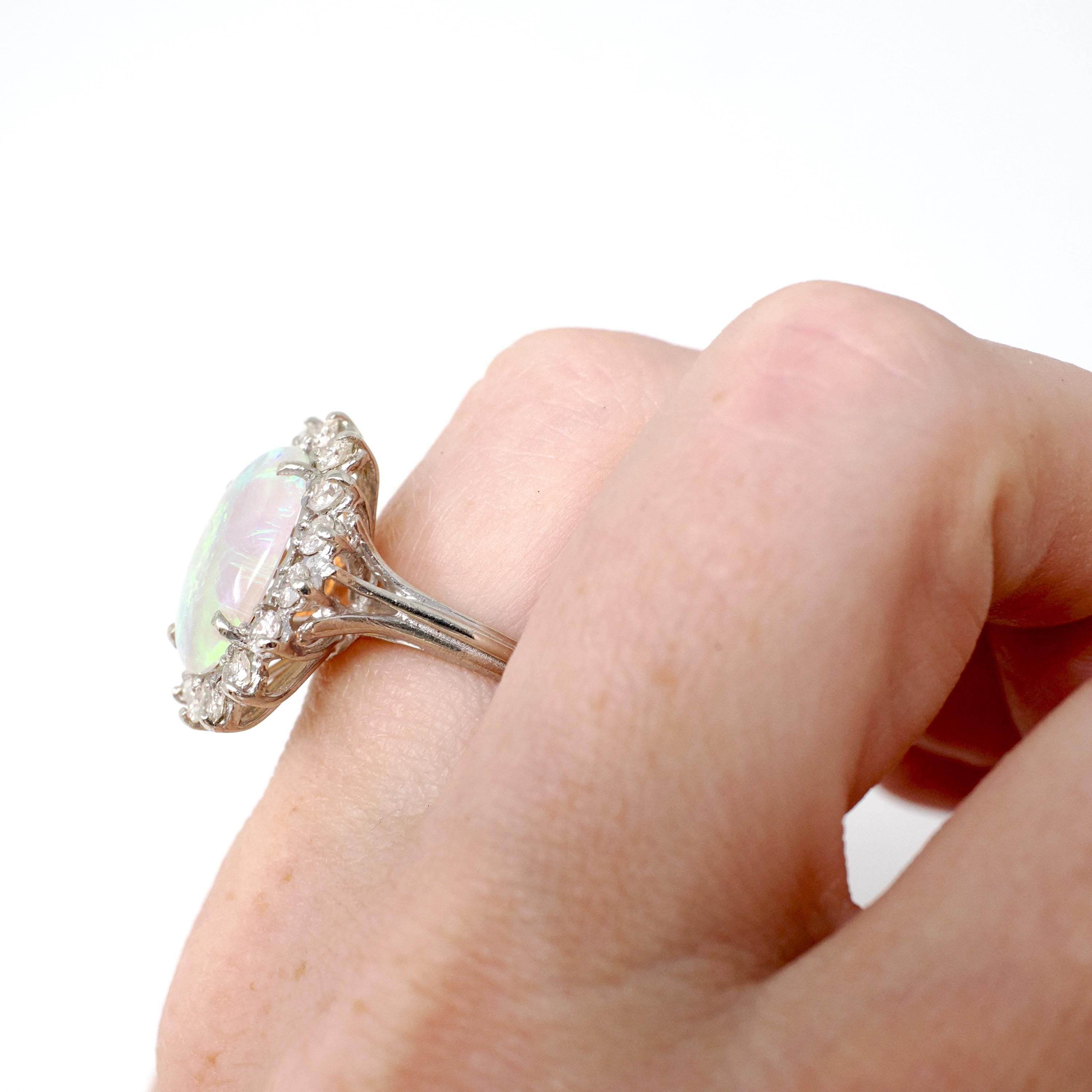 Opal & Diamond Halo Ring - Modern 14k White Gold Oval Natural Gem .88 CTW - Estate Circa 1980s Era Size 4 1/2 Cluster Fine Statement Jewelry