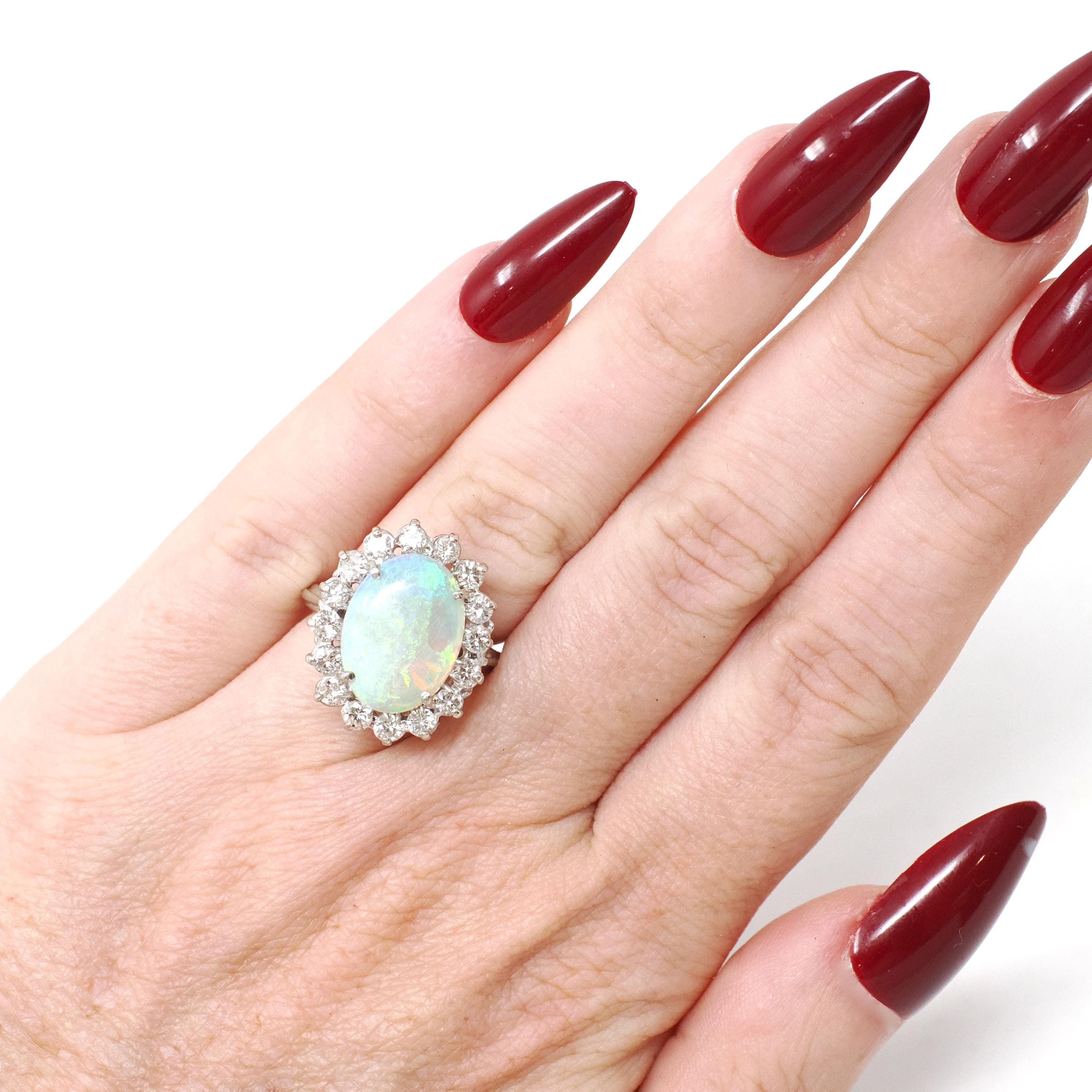 Opal & Diamond Halo Ring - Modern 14k White Gold Oval Natural Gem .88 CTW - Estate Circa 1980s Era Size 4 1/2 Cluster Fine Statement Jewelry
