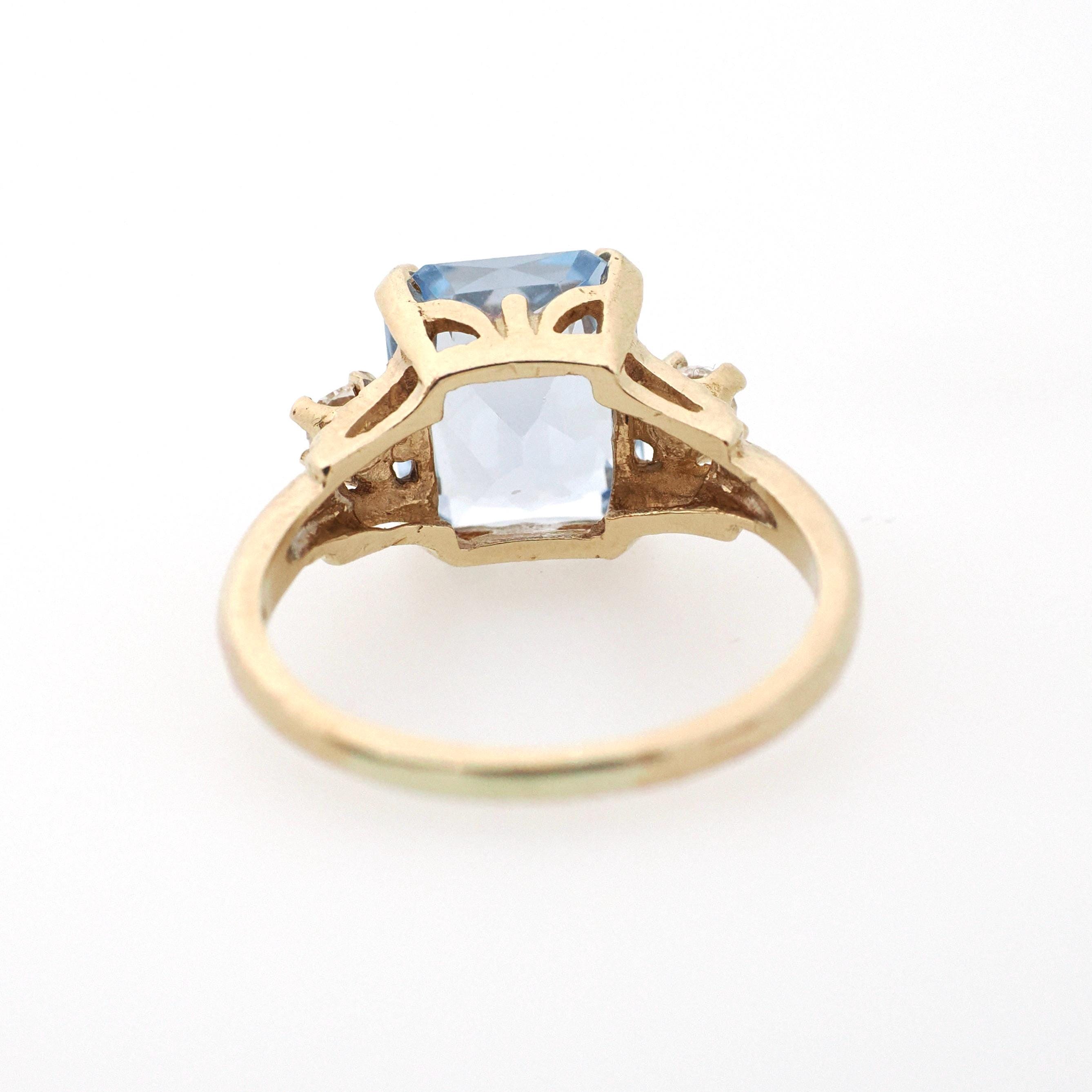 Created Spinel Ring - Mid Century 10k Yellow Gold French Cut Blue Gem Simulated Accents - Circa 1950s Era Size 5 1/2 Fine Statement Jewelry
