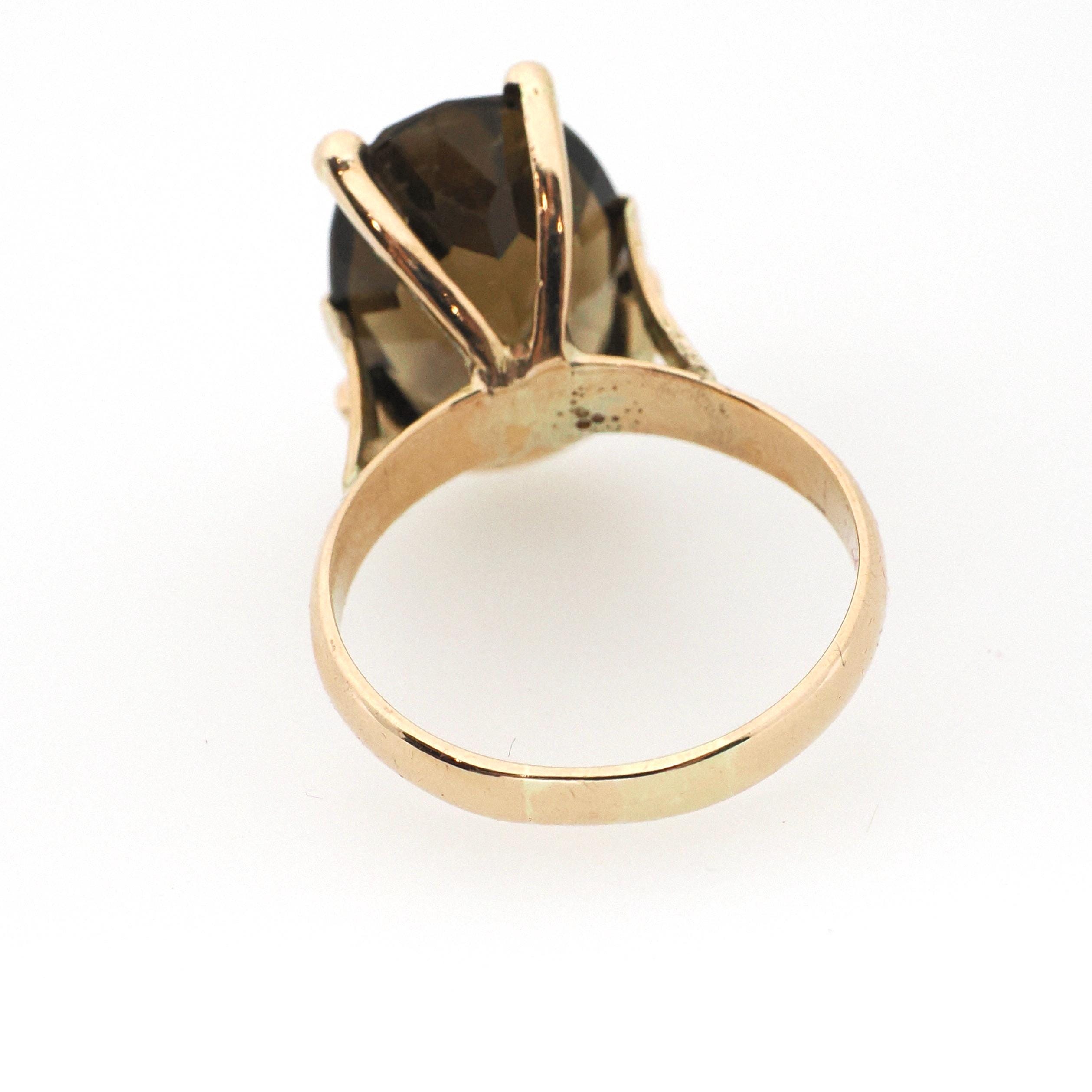 Smoky Quartz Ring - Modernist 14k Yellow Gold Oval Faceted 7.50 CT Dark Brown Gemstone - Vintage Circa 1970s Era Size 7 1/2 Fine Jewelry
