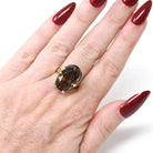 Smoky Quartz Ring - Modernist 14k Yellow Gold Oval Faceted 7.50 CT Dark Brown Gemstone - Vintage Circa 1970s Era Size 7 1/2 Fine Jewelry