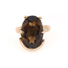 Smoky Quartz Ring - Modernist 14k Yellow Gold Oval Faceted 7.50 CT Dark Brown Gemstone - Vintage Circa 1970s Era Size 7 1/2 Fine Jewelry