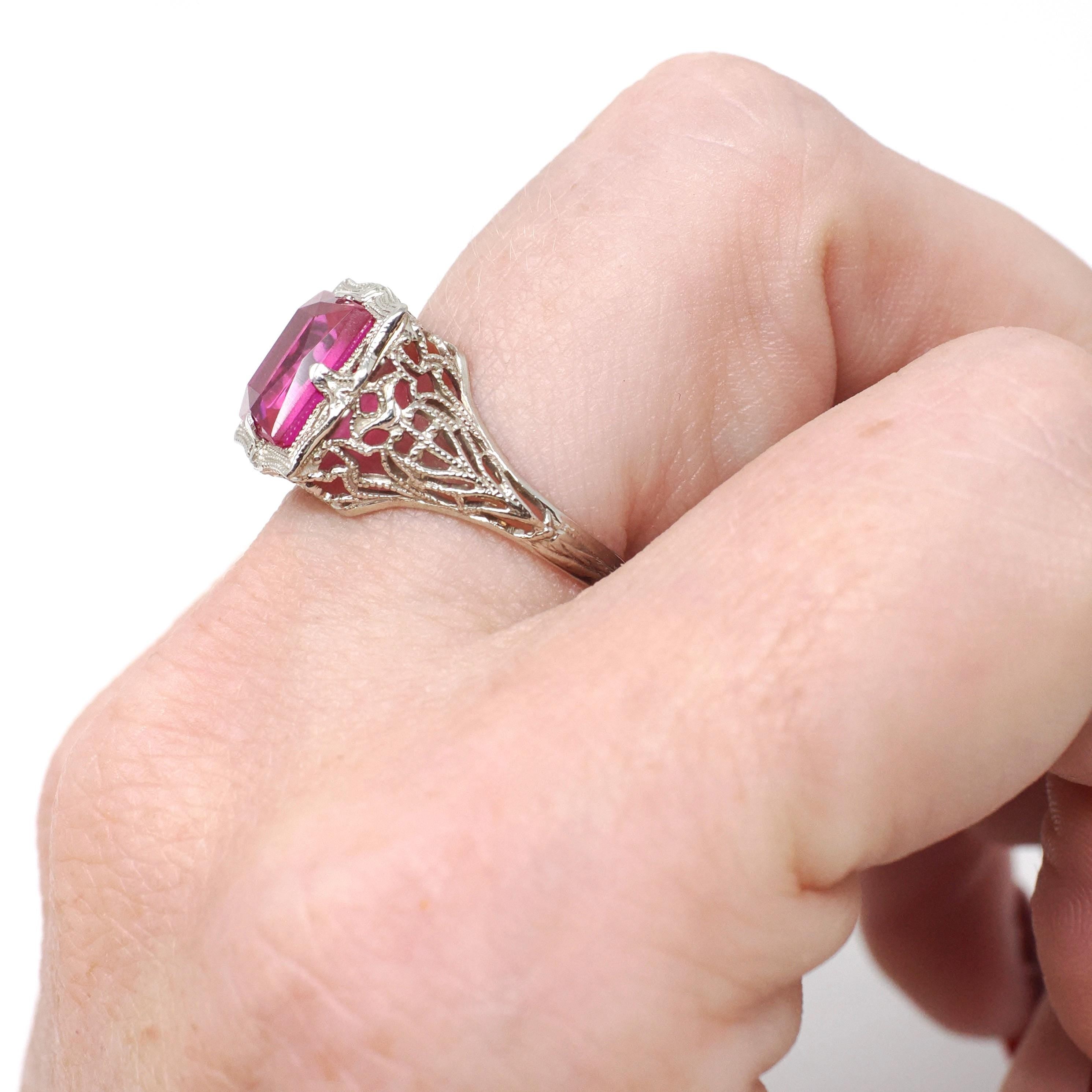 Created Ruby Ring - Vintage 14k White Gold 4.25 CT French Cut Red Art Deco Filigree - Circa 1930s Size 6 1/2 July Birthstone Fine Jewelry
