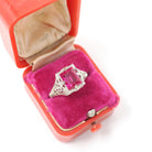 Created Ruby Ring - Vintage 14k White Gold 4.25 CT French Cut Red Art Deco Filigree - Circa 1930s Size 6 1/2 July Birthstone Fine Jewelry