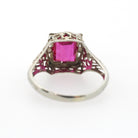 Created Ruby Ring - Vintage 14k White Gold 4.25 CT French Cut Red Art Deco Filigree - Circa 1930s Size 6 1/2 July Birthstone Fine Jewelry