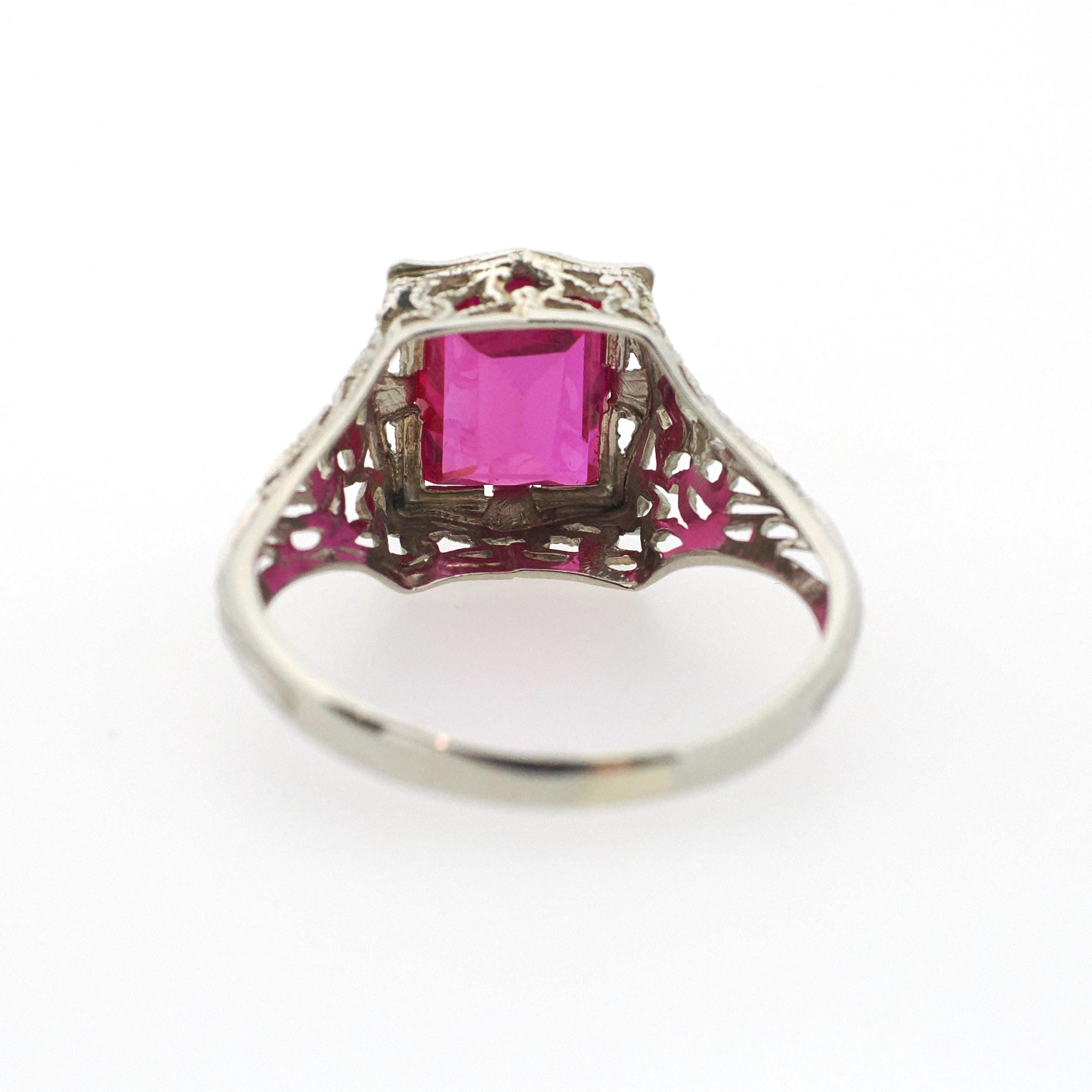 Created Ruby Ring - Vintage 14k White Gold 4.25 CT French Cut Red Art Deco Filigree - Circa 1930s Size 6 1/2 July Birthstone Fine Jewelry