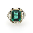Simulated Emerald Ring - Art Deco Era 14k White Gold French Cut Green Glass & Seed Pearl Halo - Circa 1930s Size 6 3/4 Filigree Fine Jewelry
