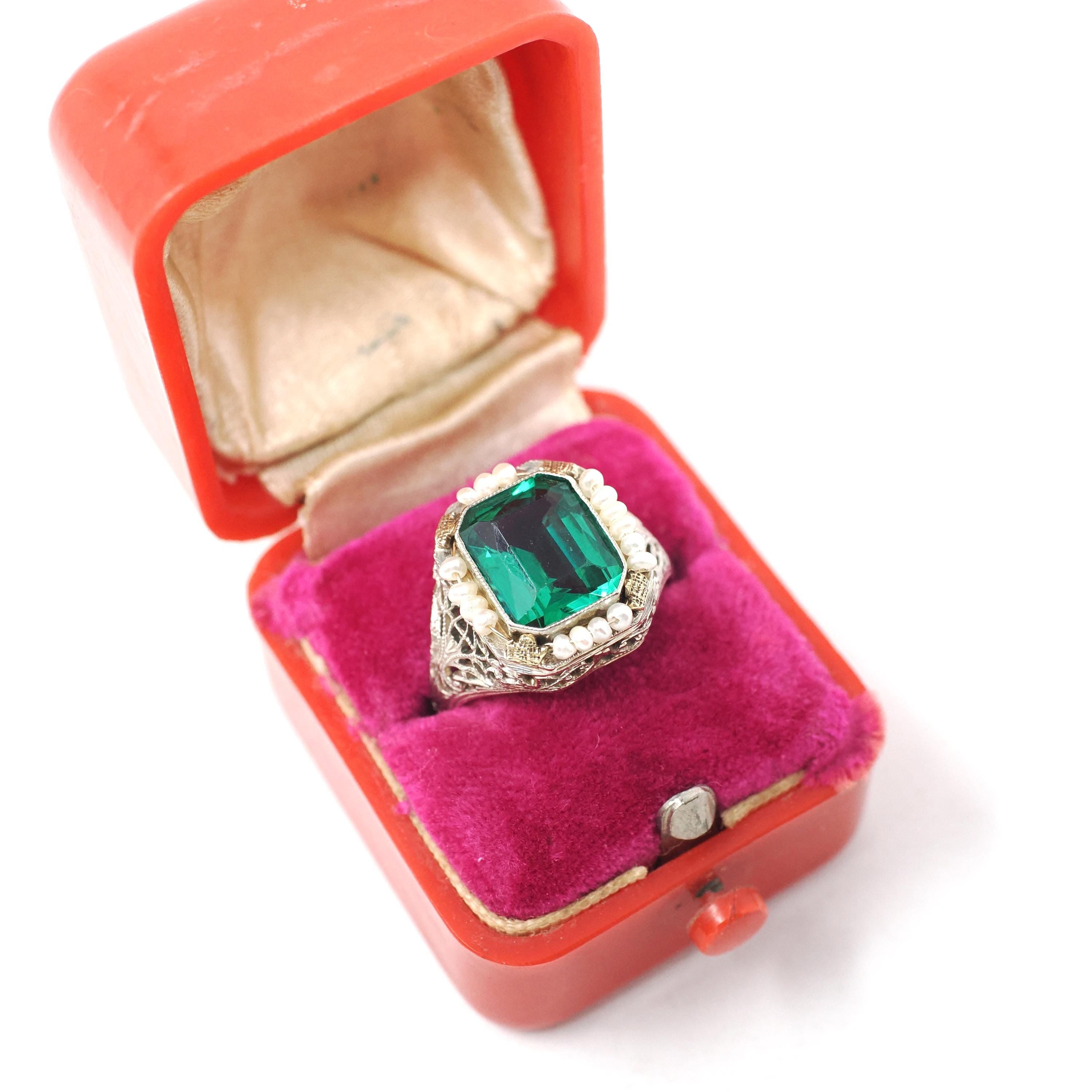 Simulated Emerald Ring - Art Deco Era 14k White Gold French Cut Green Glass & Seed Pearl Halo - Circa 1930s Size 6 3/4 Filigree Fine Jewelry