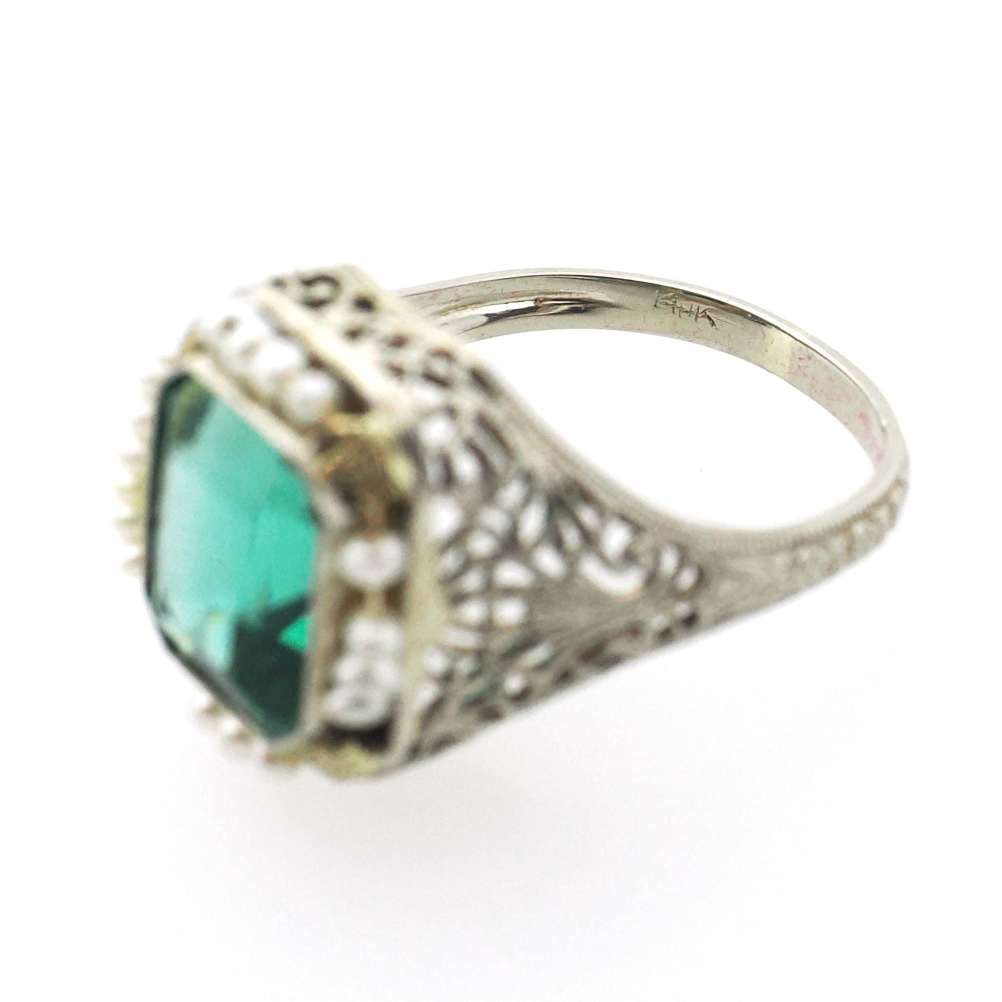 Simulated Emerald Ring - Art Deco Era 14k White Gold French Cut Green Glass & Seed Pearl Halo - Circa 1930s Size 6 3/4 Filigree Fine Jewelry