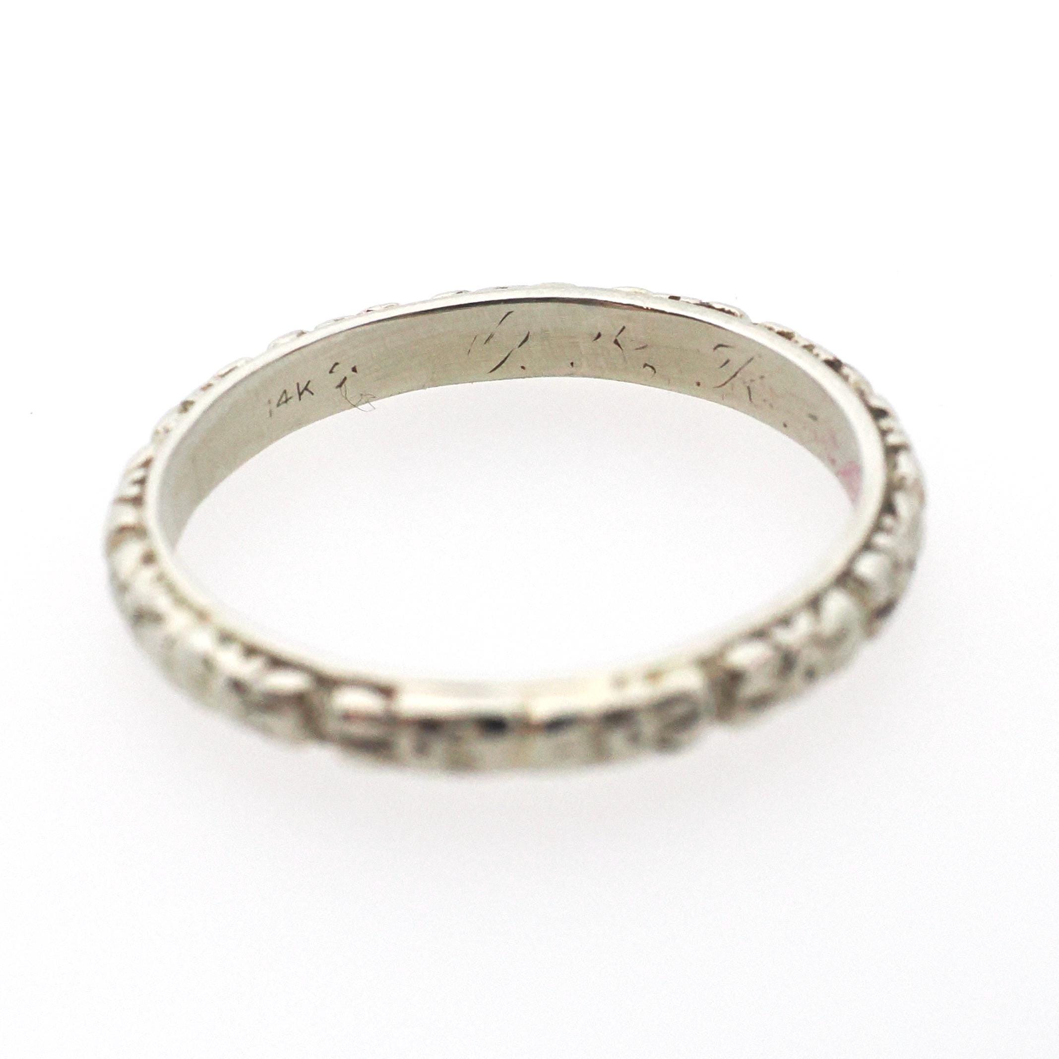 Art Deco Wedding Band - Vintage 14k White Gold 2.5 MM Orange Blossom Engraved Design Ring - Circa 1920s Size 6 Bridal Fine Statement Jewelry