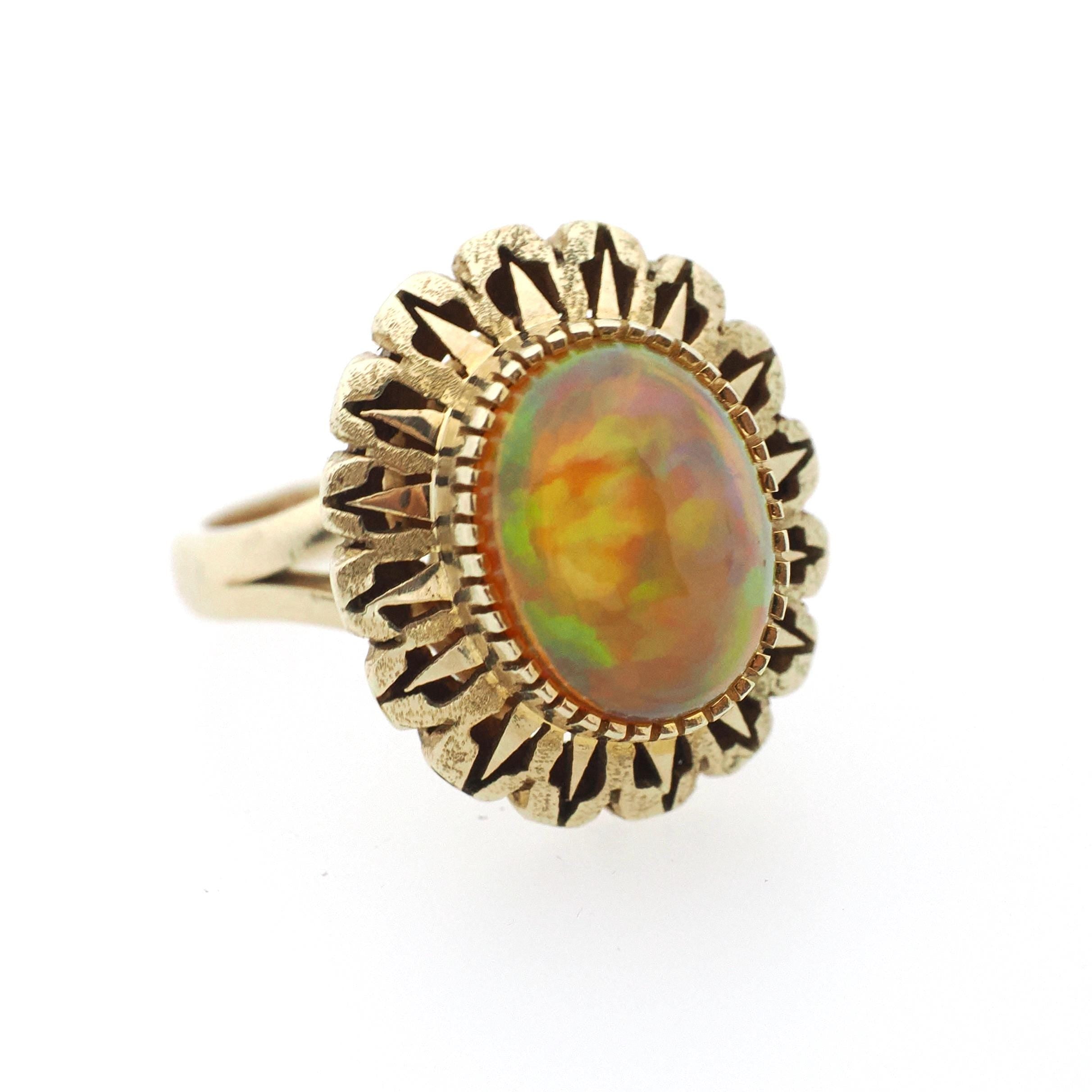 Jelly Fire Opal Ring - Contemporary 14k Yellow Gold Natural Cabochon Gemstone - Circa 1990s Era Size 5 1/2 October Birthstone Fine Jewelry