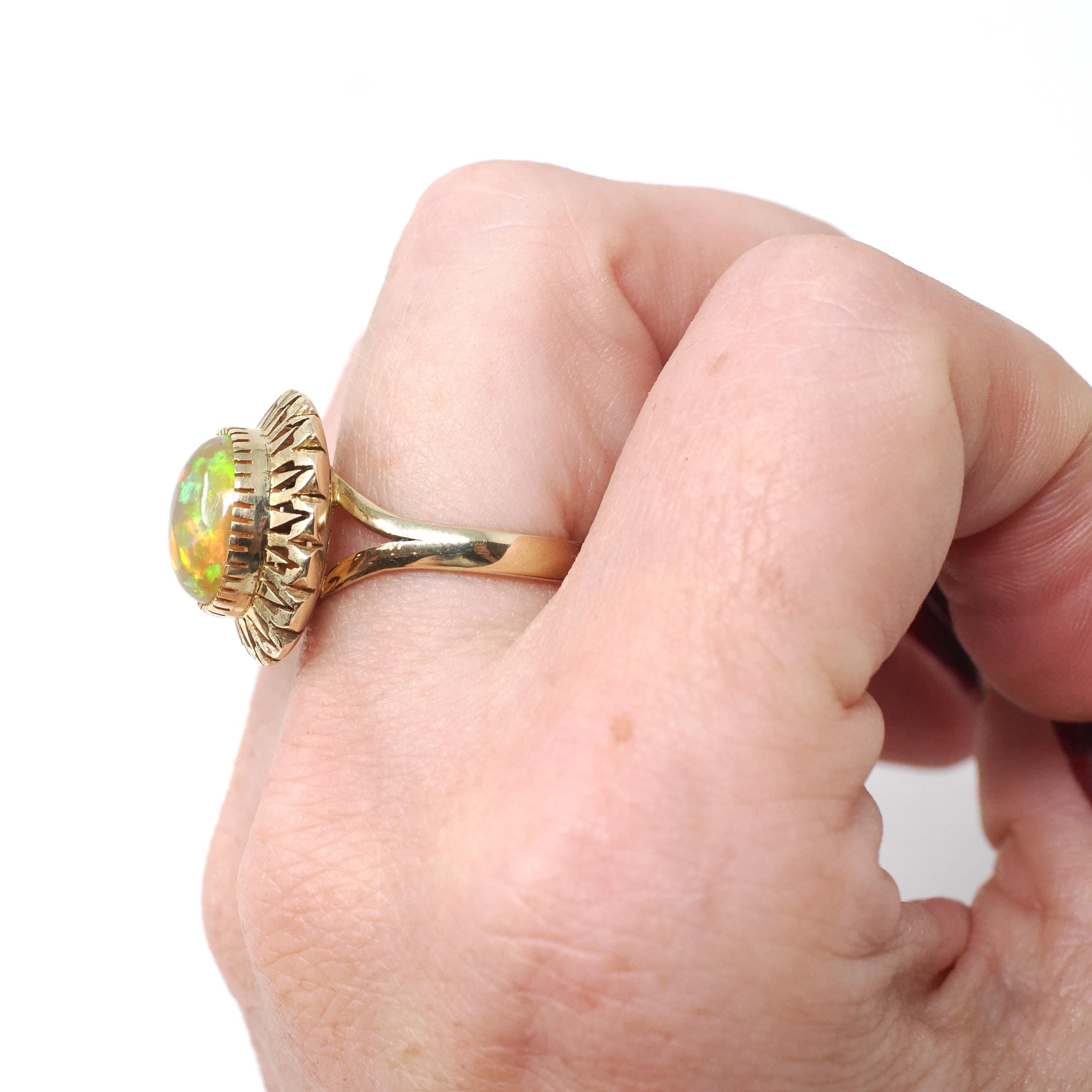 Jelly Fire Opal Ring - Contemporary 14k Yellow Gold Natural Cabochon Gemstone - Circa 1990s Era Size 5 1/2 October Birthstone Fine Jewelry