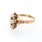 Antique Pearl Ring - Victorian 14k Rose Gold Three Gemstone Dainty Navette - Circa 1890s Era Size 5.25 Engraved June Birthstone Fine Jewelry