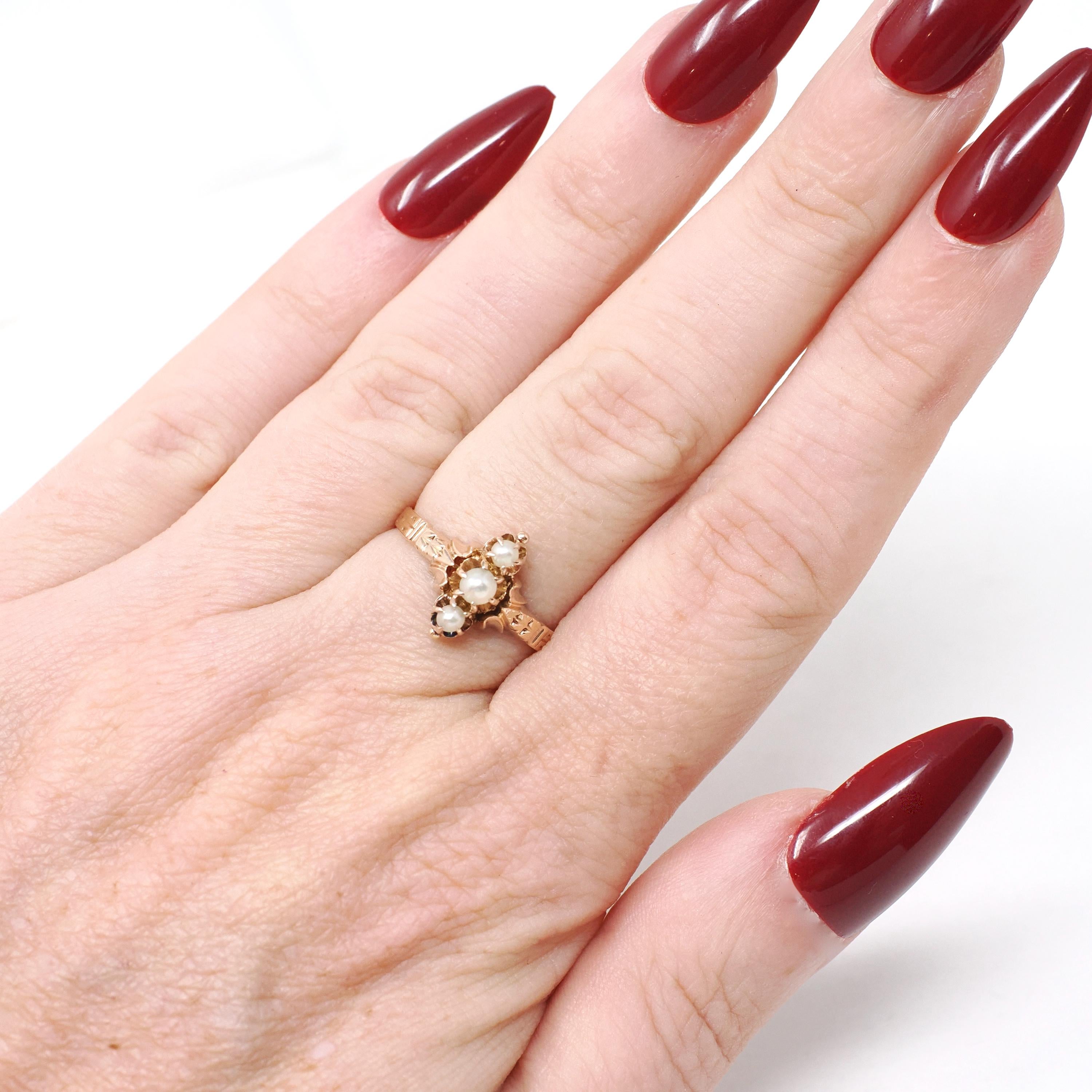 Antique Pearl Ring - Victorian 14k Rose Gold Three Gemstone Dainty Navette - Circa 1890s Era Size 5.25 Engraved June Birthstone Fine Jewelry