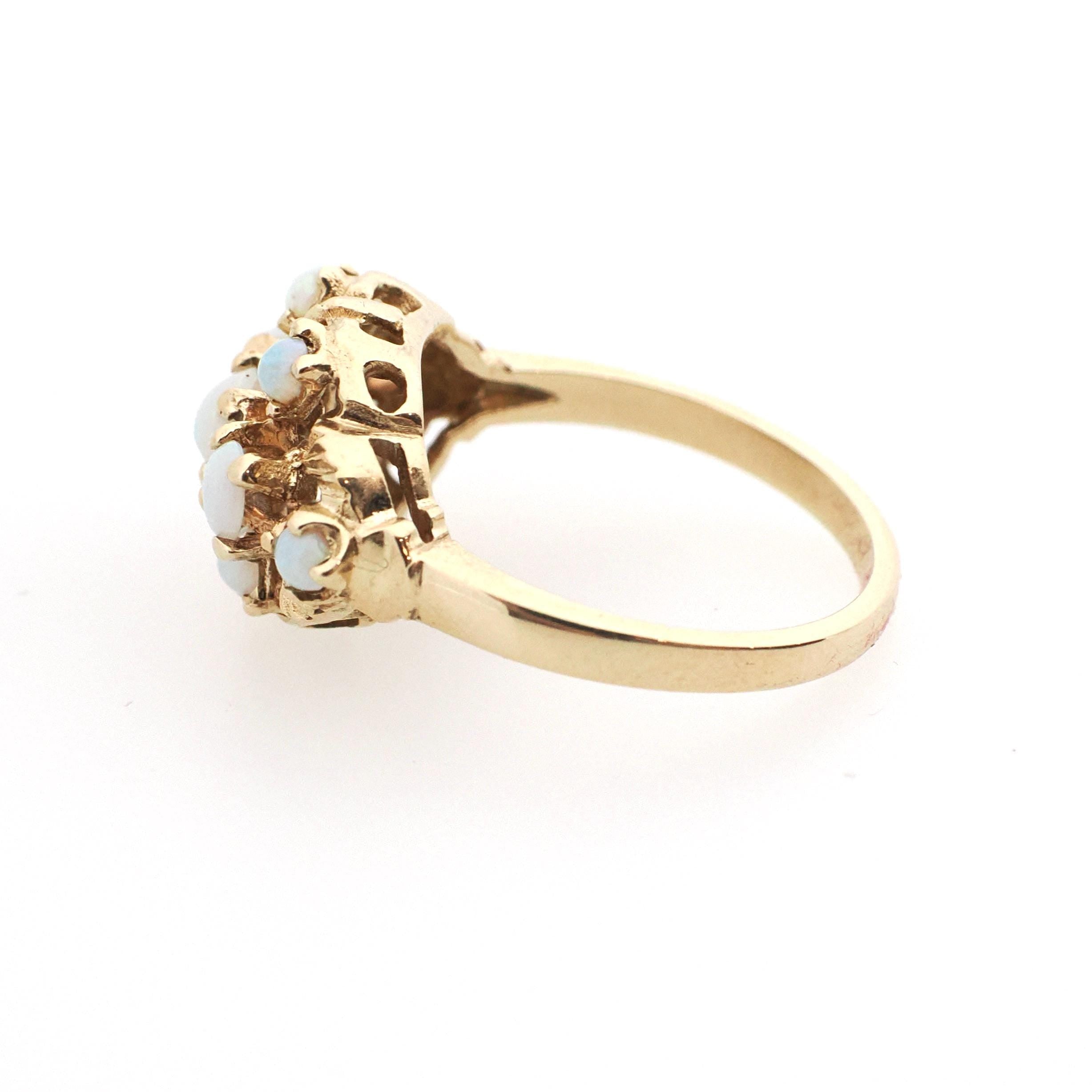 Vintage Opal Ring - Mid Century 10k Yellow Gold Natural Cabochon Cut Gemstone Cluster - Circa 1960s Size 6 October Birthstone Fine Jewelry