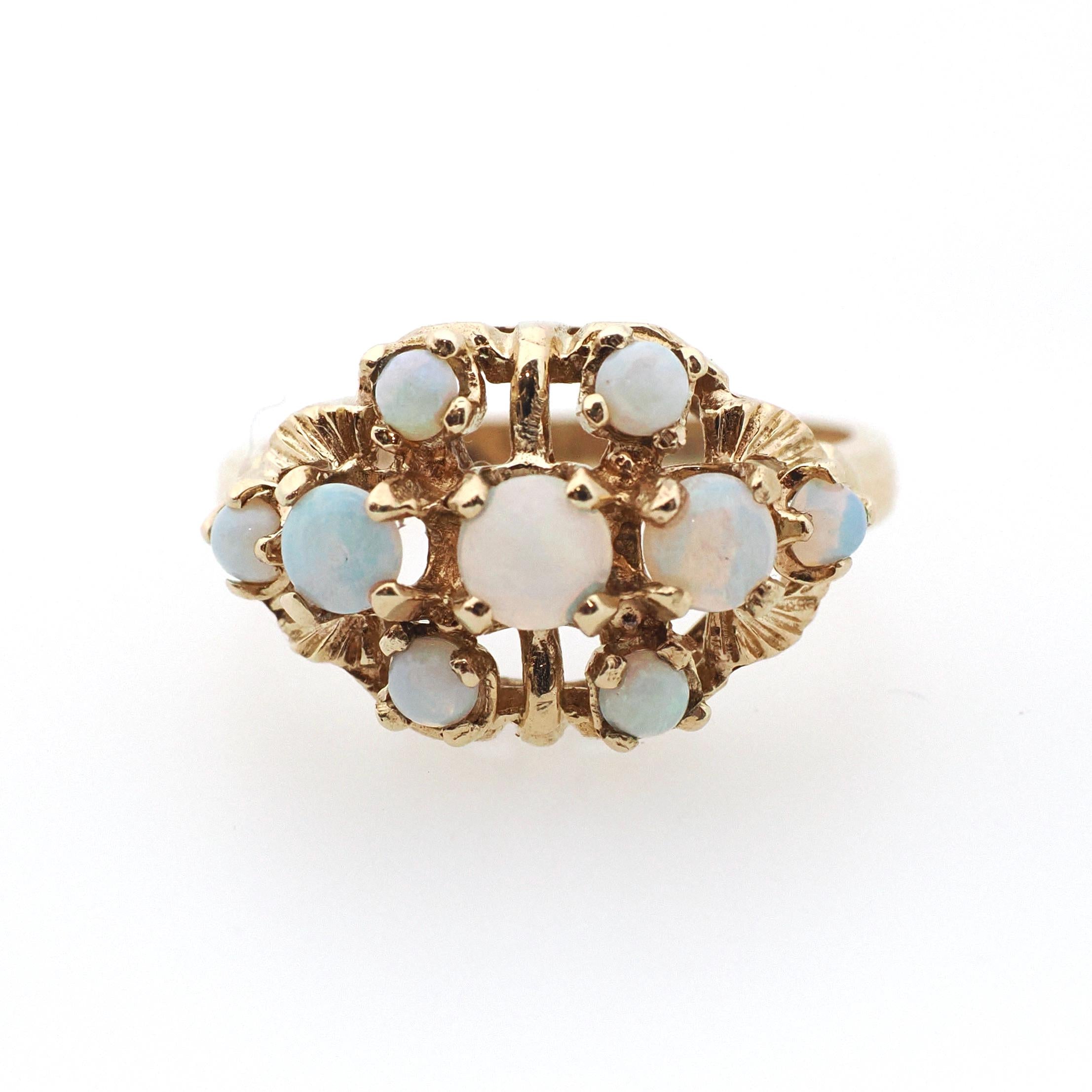 Vintage Opal Ring - Mid Century 10k Yellow Gold Natural Cabochon Cut Gemstone Cluster - Circa 1960s Size 6 October Birthstone Fine Jewelry
