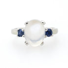 Vintage Moonstone & Sapphire Ring - Mid Century 14k White Gold Natural Cabochon Cut Gemstone - Circa 1950s Size 5.5 Fine Statement Jewelry