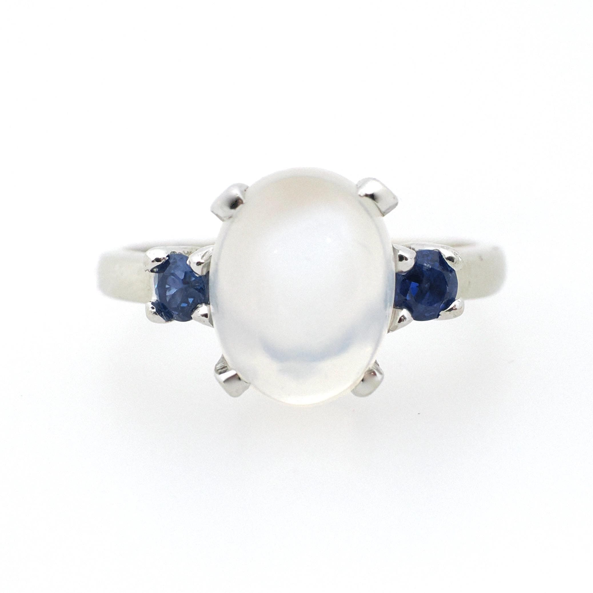 Vintage Moonstone & Sapphire Ring - Mid Century 14k White Gold Natural Cabochon Cut Gemstone - Circa 1950s Size 5.5 Fine Statement Jewelry