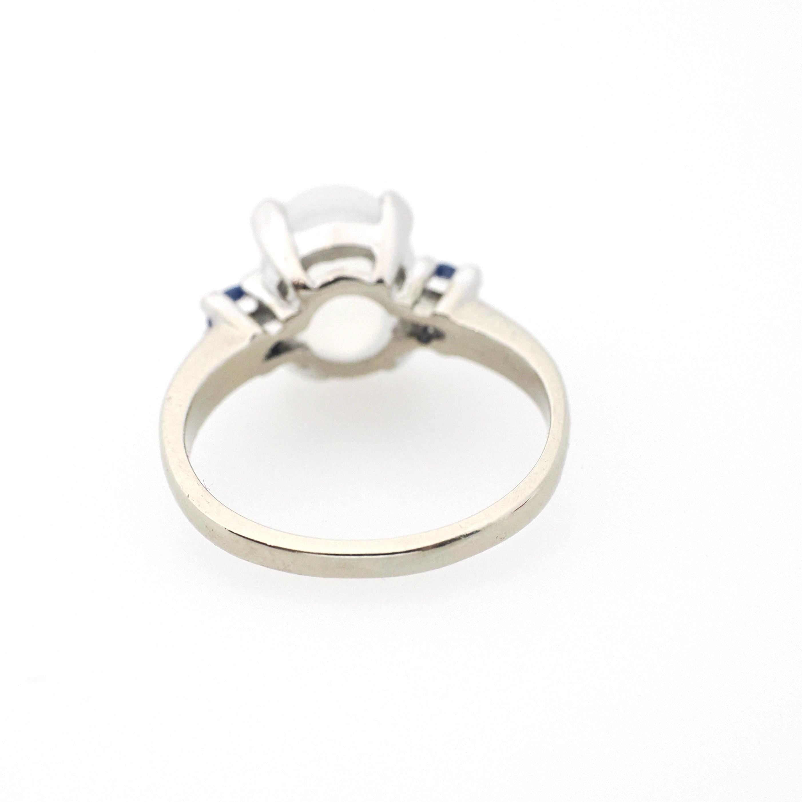 Vintage Moonstone & Sapphire Ring - Mid Century 14k White Gold Natural Cabochon Cut Gemstone - Circa 1950s Size 5.5 Fine Statement Jewelry
