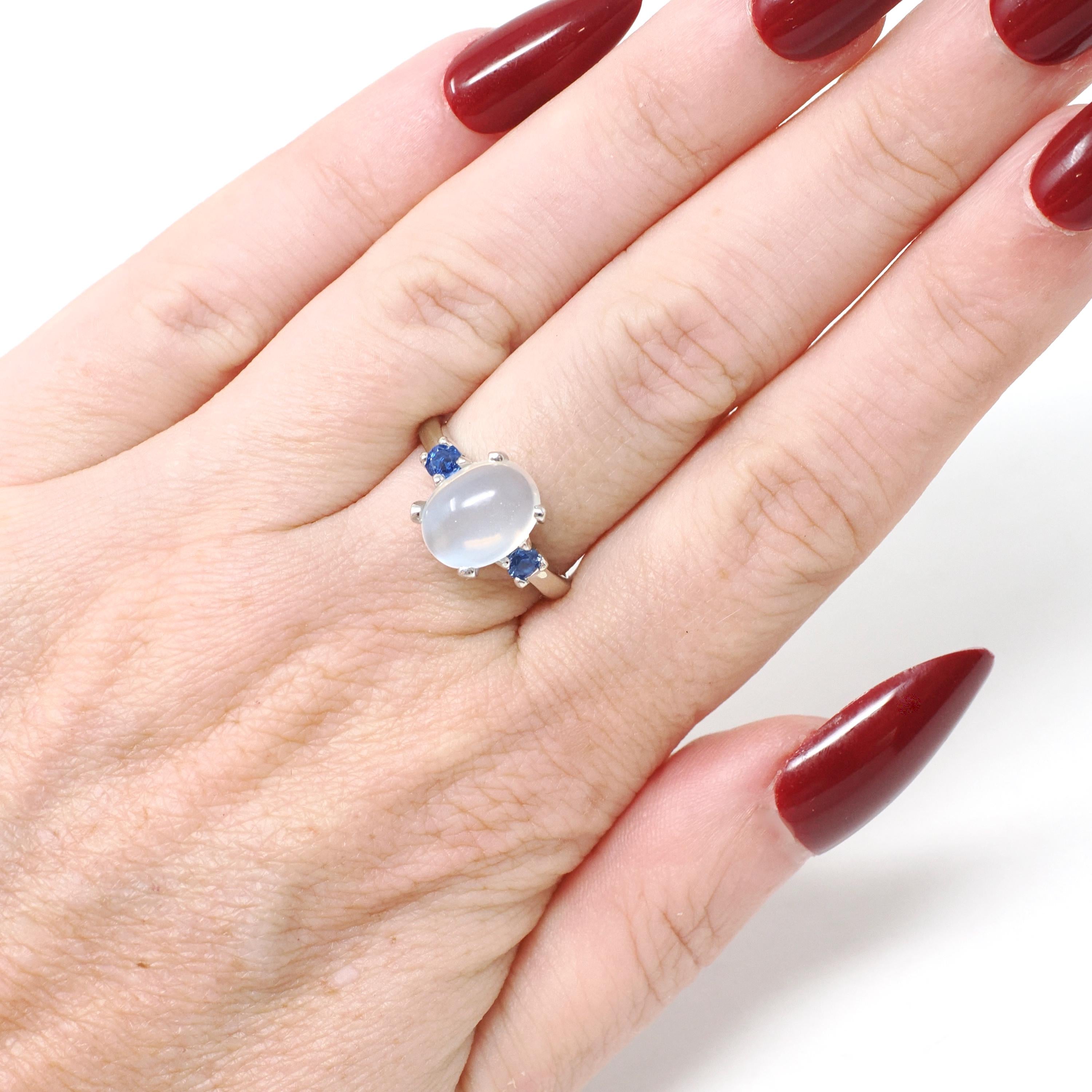 Vintage Moonstone & Sapphire Ring - Mid Century 14k White Gold Natural Cabochon Cut Gemstone - Circa 1950s Size 5.5 Fine Statement Jewelry