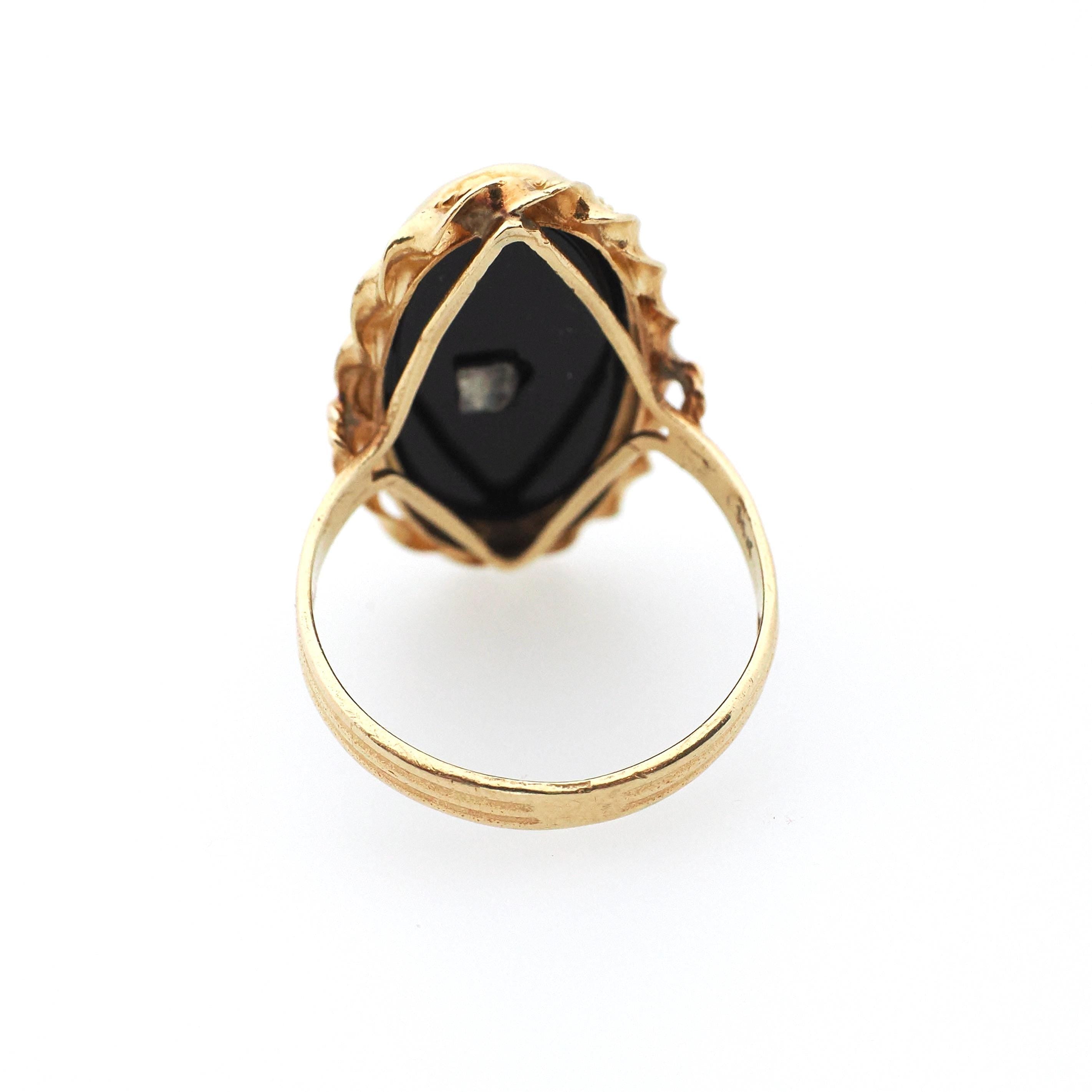 Vintage Onyx Ring - Retro 14k Yellow Gold Oval Black Chalcedony Gemstone - Circa 1960s Era Size 5 3/4 Natural .008 CT Diamond Fine Jewelry