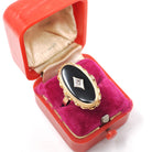 Vintage Onyx Ring - Retro 14k Yellow Gold Oval Black Chalcedony Gemstone - Circa 1960s Era Size 5 3/4 Natural .008 CT Diamond Fine Jewelry