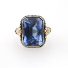 Created Blue Sapphire Ring - Art Deco 14k White Yellow Rose Gold Filigree - Circa 1930s Size 6 1/2 Floral Fine September Birthstone Jewelry
