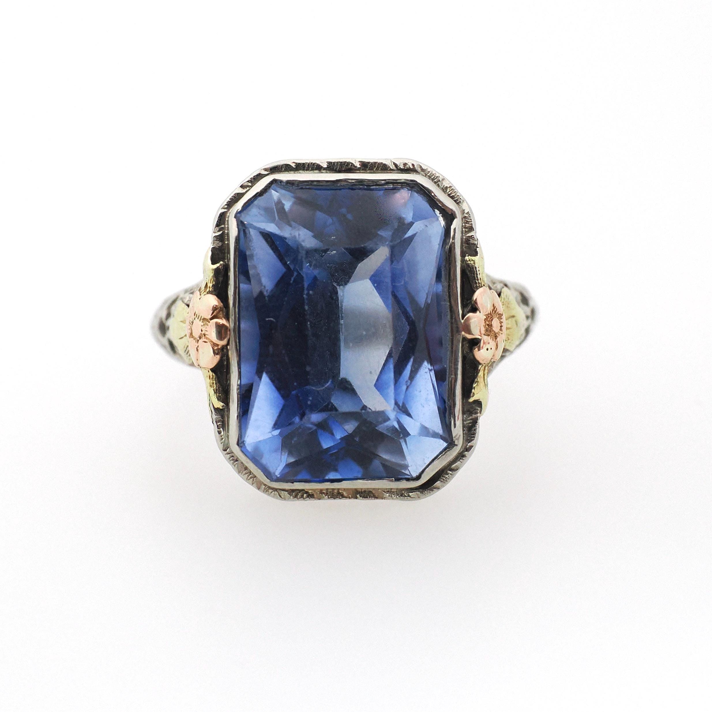 Created Blue Sapphire Ring - Art Deco 14k White Yellow Rose Gold Filigree - Circa 1930s Size 6 1/2 Floral Fine September Birthstone Jewelry