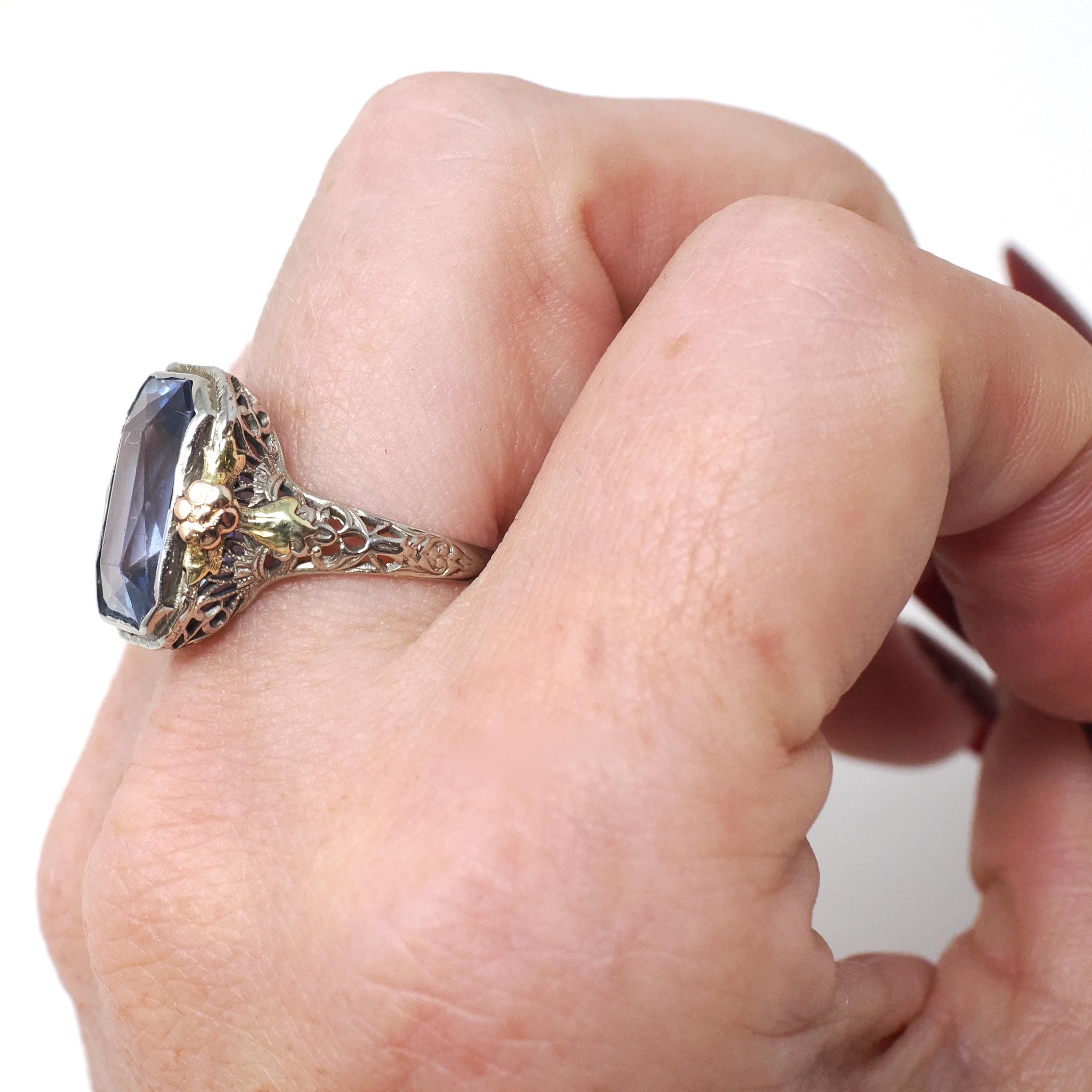 Created Blue Sapphire Ring - Art Deco 14k White Yellow Rose Gold Filigree - Circa 1930s Size 6 1/2 Floral Fine September Birthstone Jewelry