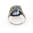 Created Blue Sapphire Ring - Art Deco 14k White Yellow Rose Gold Filigree - Circa 1930s Size 6 1/2 Floral Fine September Birthstone Jewelry