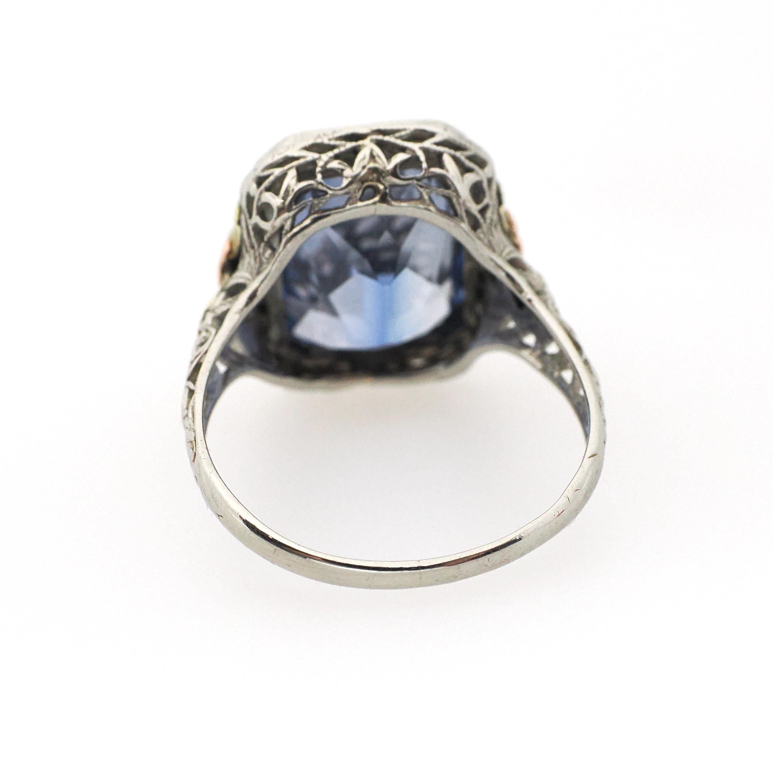 Created Blue Sapphire Ring - Art Deco 14k White Yellow Rose Gold Filigree - Circa 1930s Size 6 1/2 Floral Fine September Birthstone Jewelry