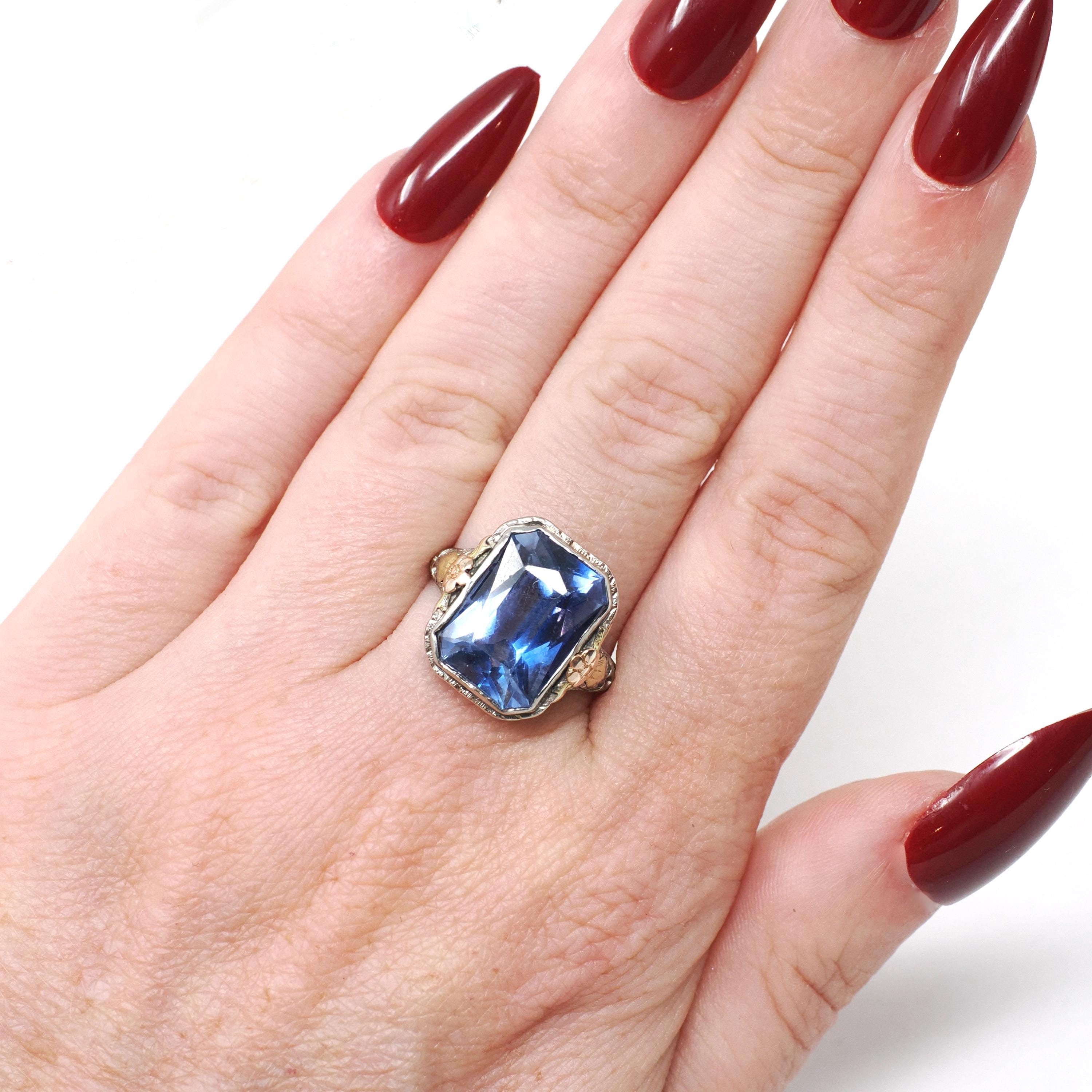Created Blue Sapphire Ring - Art Deco 14k White Yellow Rose Gold Filigree - Circa 1930s Size 6 1/2 Floral Fine September Birthstone Jewelry