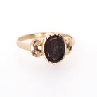 Victorian Cameo Ring - Antique 10k Rosy Yellow Gold Natural Dark Red Carved Oval Gemstone - Circa 1890s Era Size 7 Fine Statement Jewelry