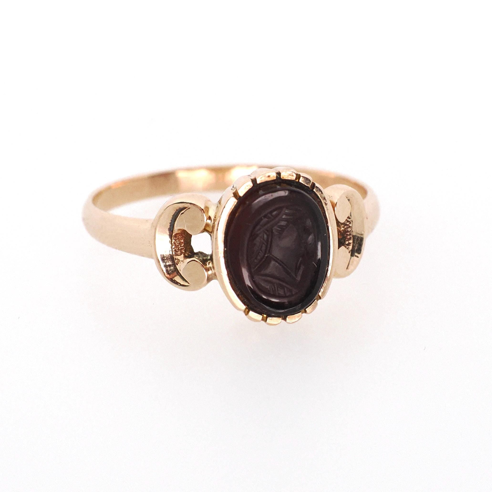 Victorian Cameo Ring - Antique 10k Rosy Yellow Gold Natural Dark Red Carved Oval Gemstone - Circa 1890s Era Size 7 Fine Statement Jewelry