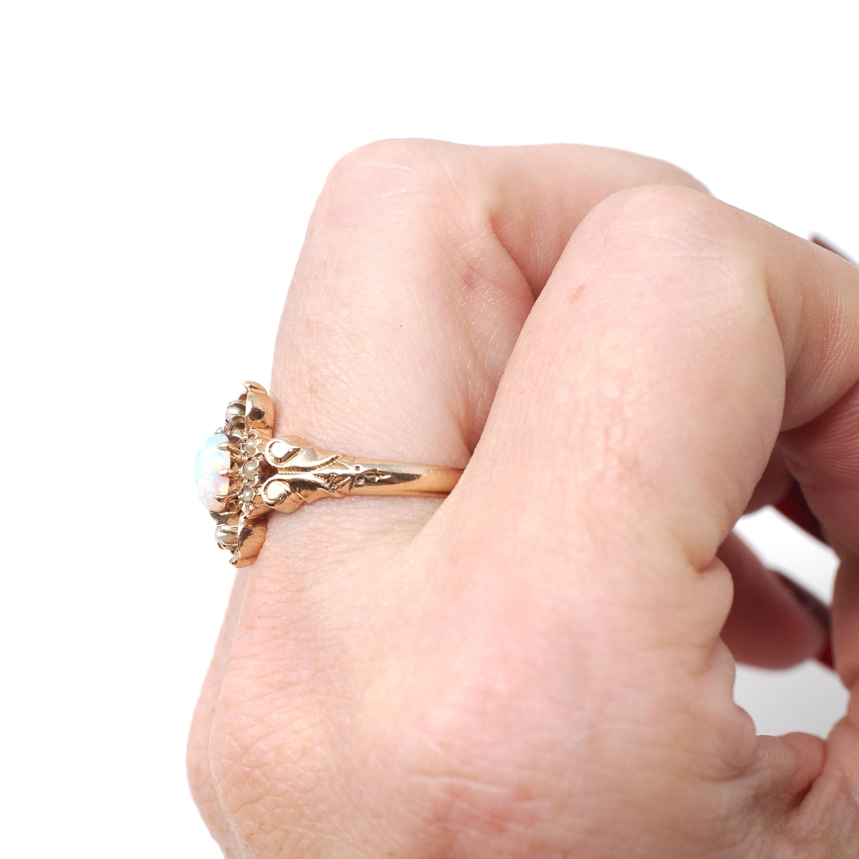 Antique Opal Ring - Victorian 10k Rose Gold Cabochon Cut .31 CT Gem - Circa 1890s Size 6 3/4 Seed Pearl Accent Fine Dainty Statement Jewelry