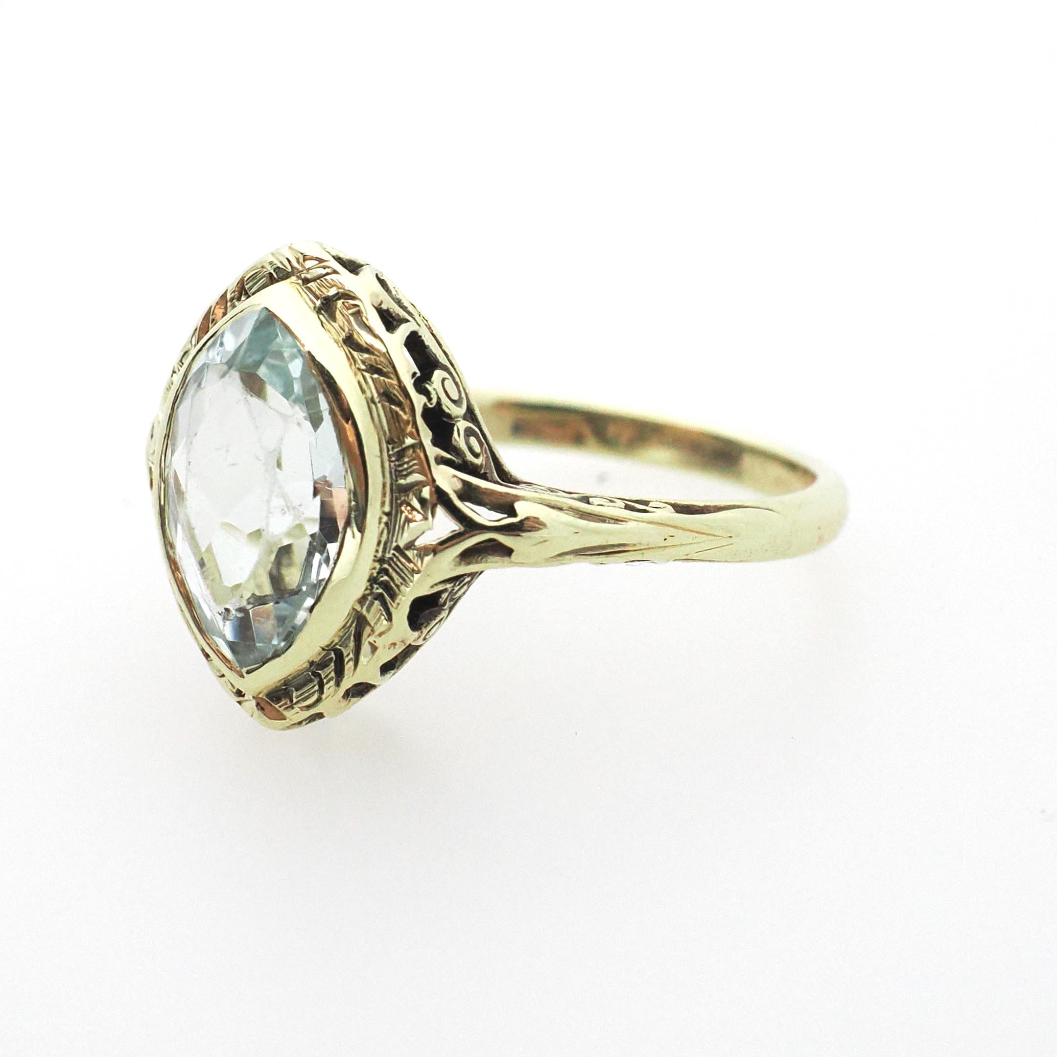 Vintage Aquamarine Ring - Art Deco 14k Yellow Gold Natural Light Blue Marquise Gemstone - Circa 1930s Era Size 5 1/4 Filigree Fine Jewelry