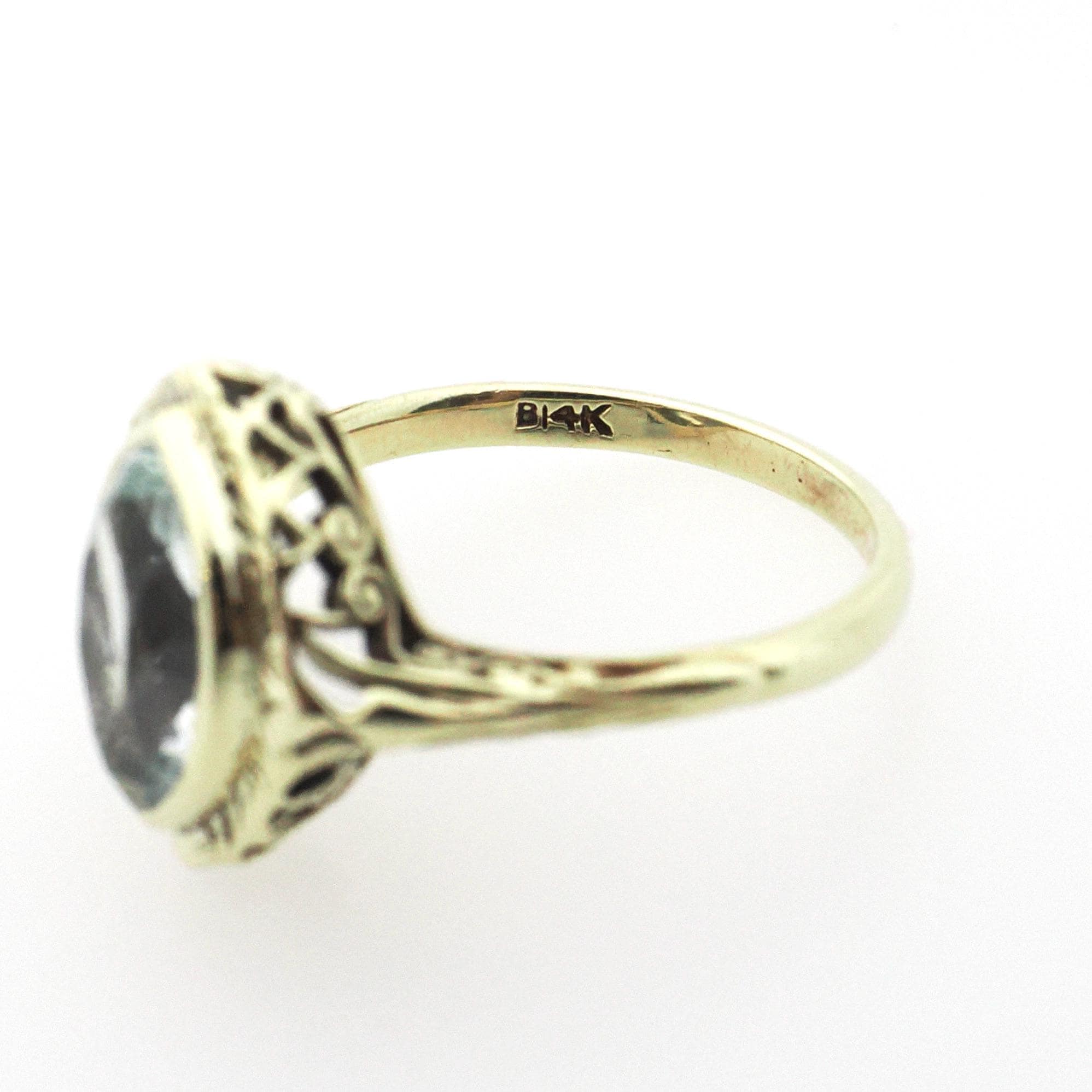 Vintage Aquamarine Ring - Art Deco 14k Yellow Gold Natural Light Blue Marquise Gemstone - Circa 1930s Era Size 5 1/4 Filigree Fine Jewelry