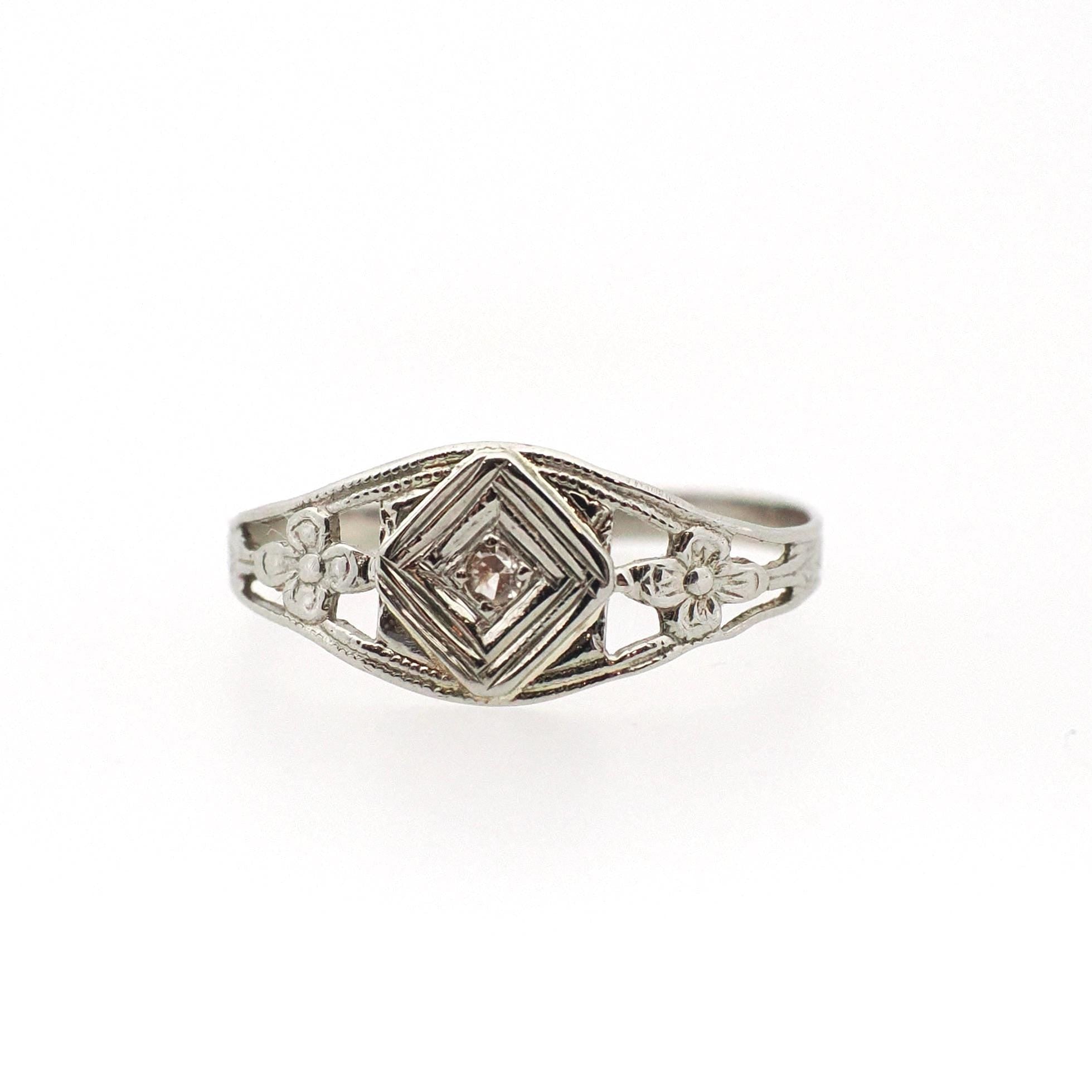 Vintage Baby Ring - Art Deco 14k White Gold Natural Diamond Flower Filigree Pinky Midi Band - Circa 1930s Era Size 2 Dainty Fine Jewelry