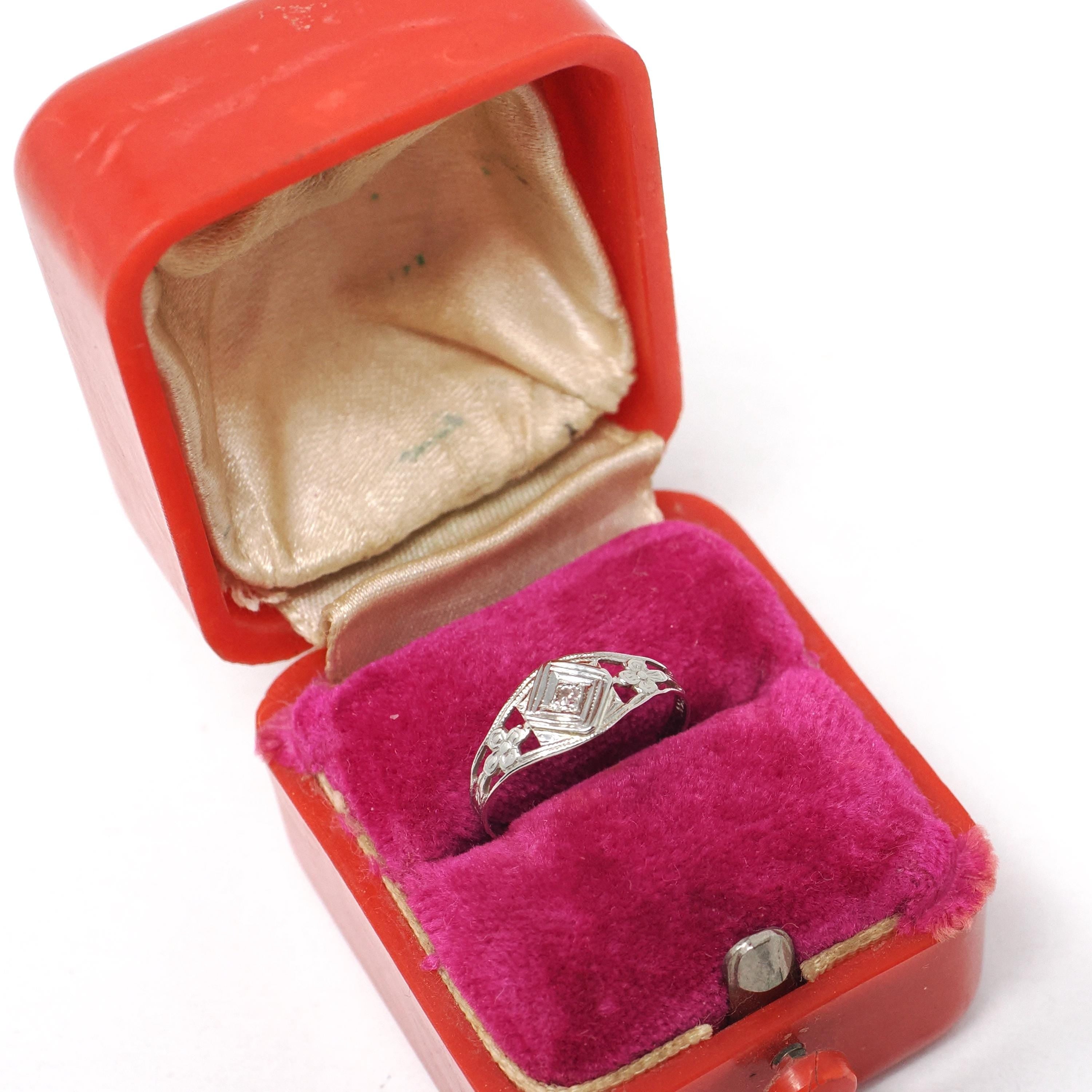 Vintage Baby Ring - Art Deco 14k White Gold Natural Diamond Flower Filigree Pinky Midi Band - Circa 1930s Era Size 2 Dainty Fine Jewelry