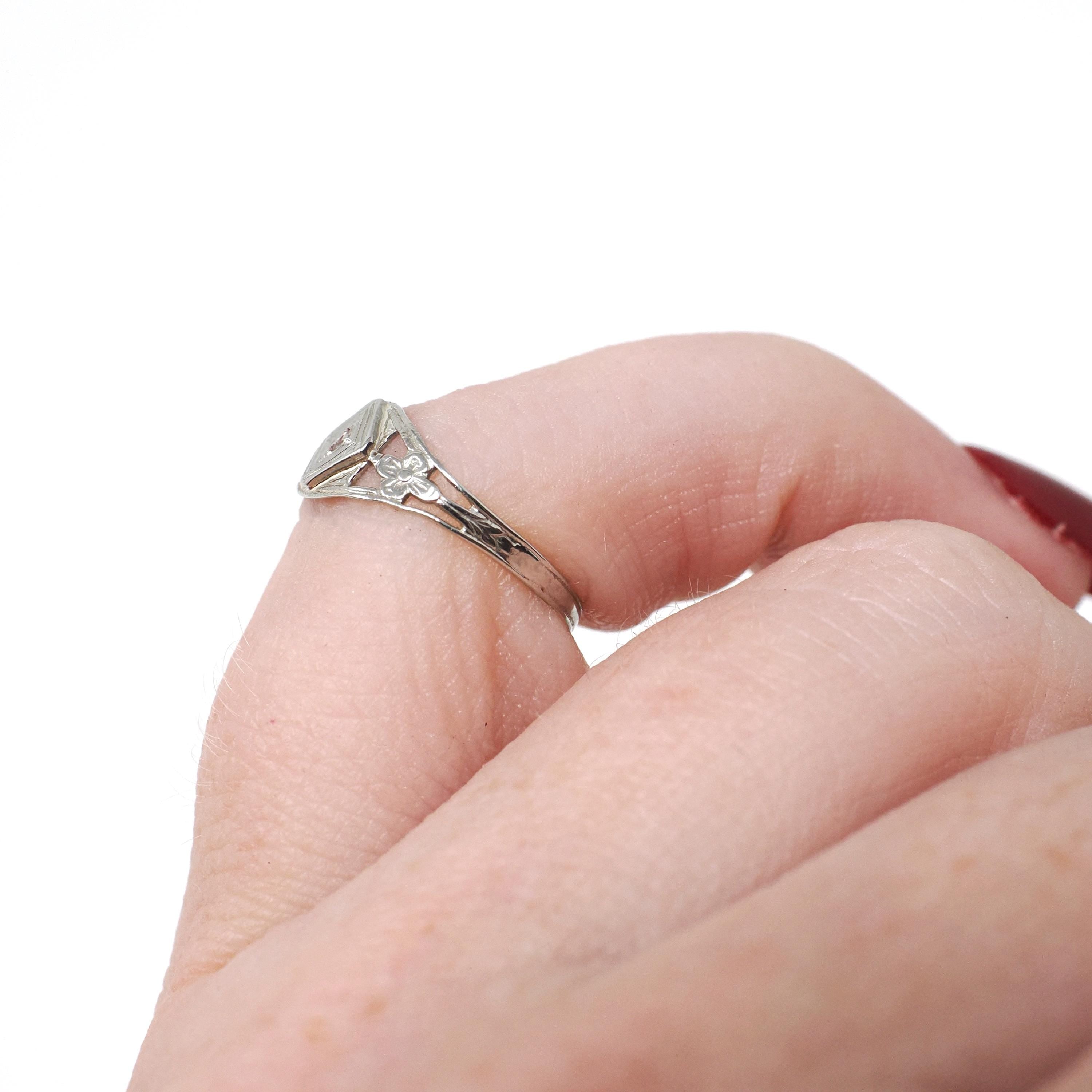 Vintage Baby Ring - Art Deco 14k White Gold Natural Diamond Flower Filigree Pinky Midi Band - Circa 1930s Era Size 2 Dainty Fine Jewelry